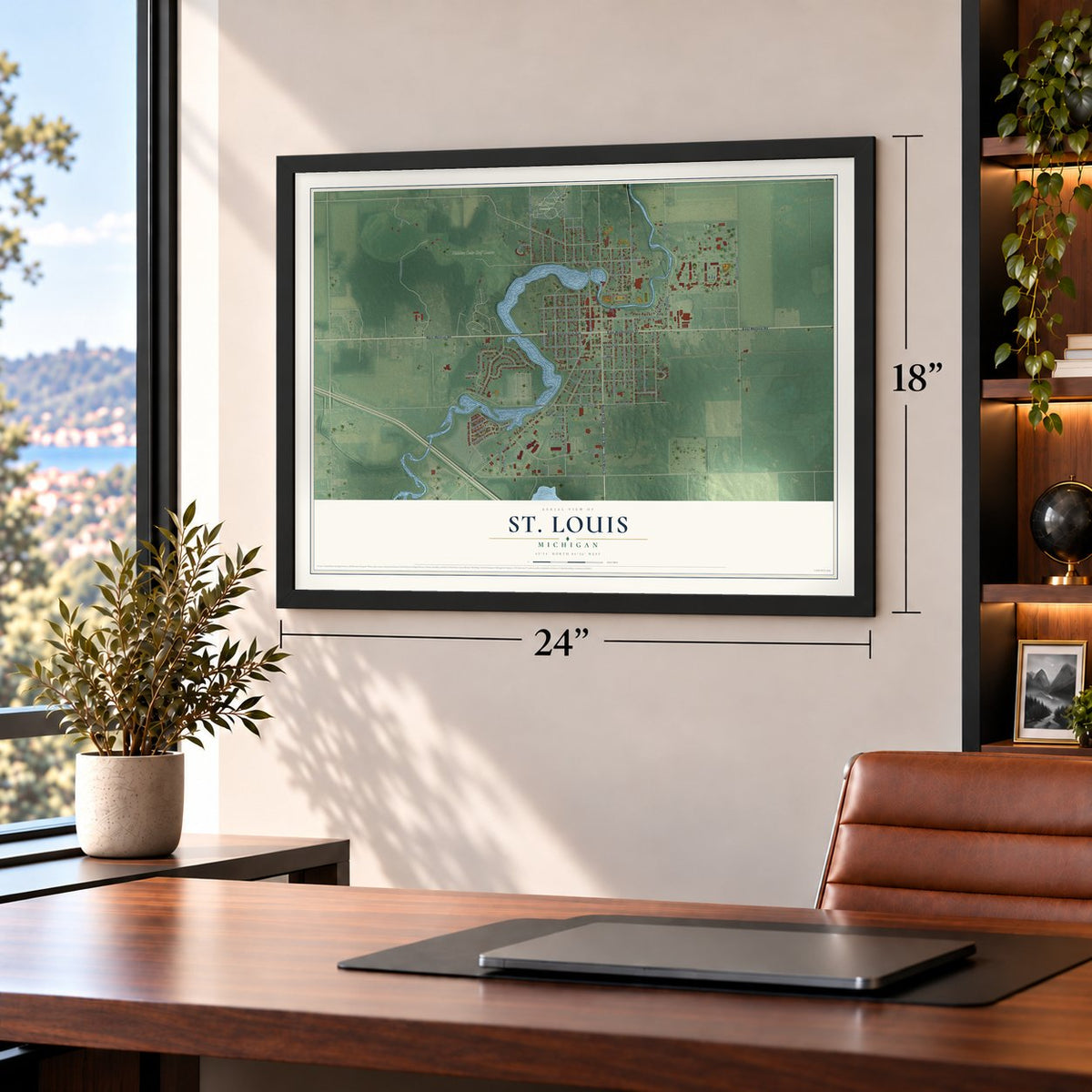 St. Louis, Michigan map, 18 x 24 inch print in a black frame in a home office