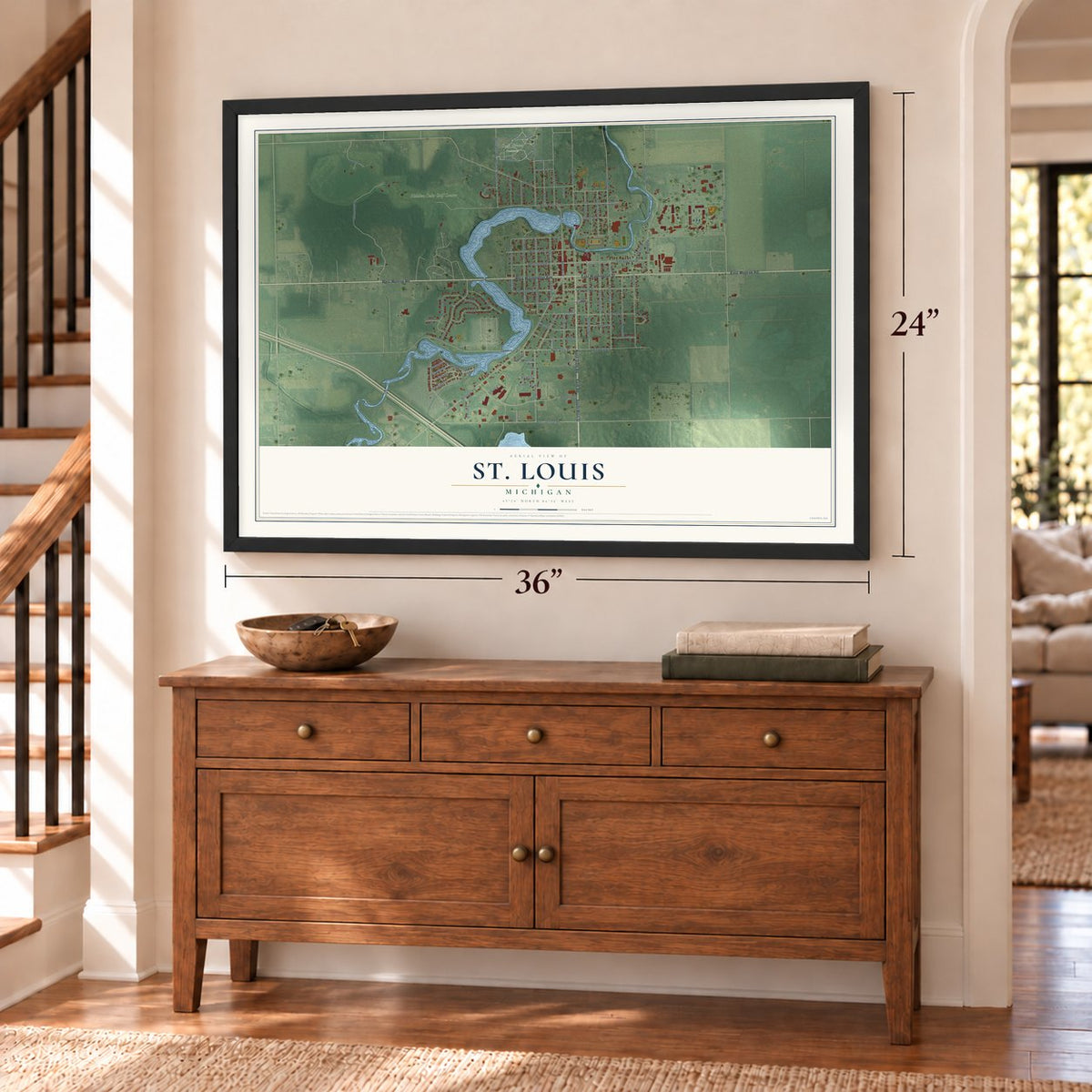 St. Louis, Michigan map, 24 x 36 inch print in a black frame above a dresser by a staircase