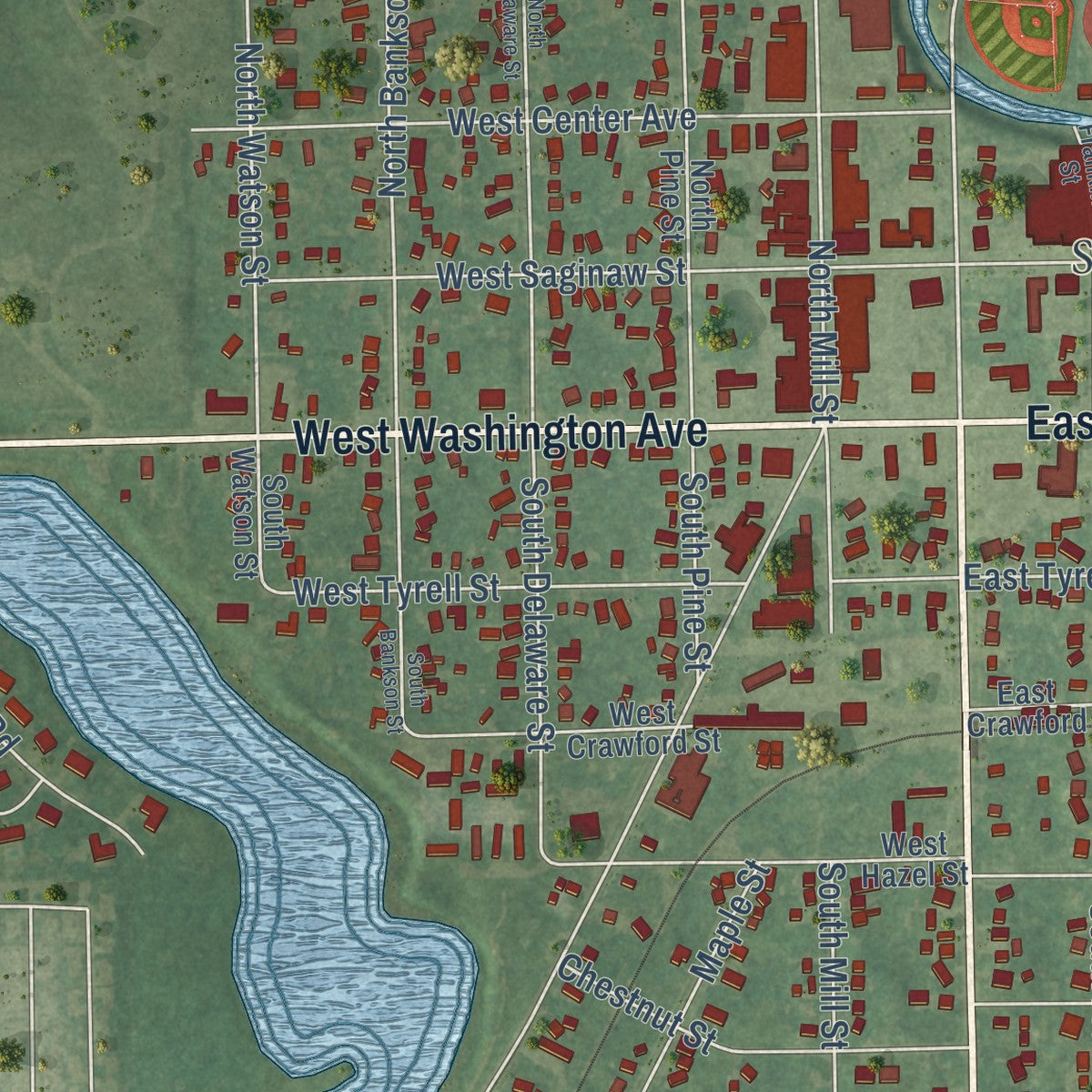 Close-up of the map of St. Louis, Michigan print showing street and building detail