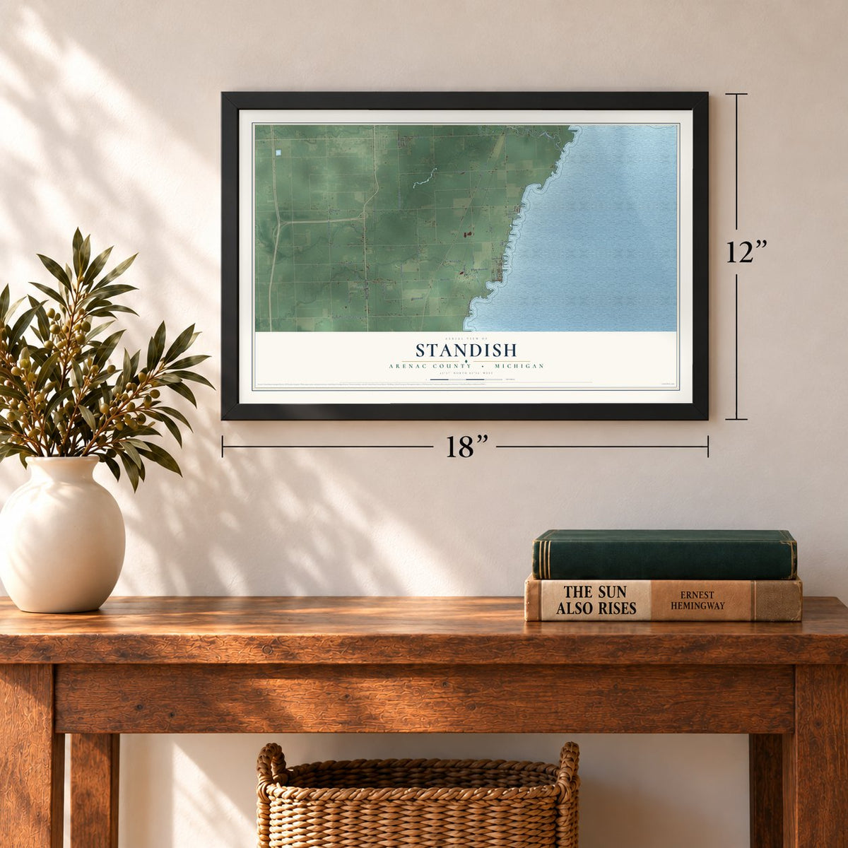 Standish, Arenac County, Michigan map, 12 x 18 inch print in a black frame in an entryway