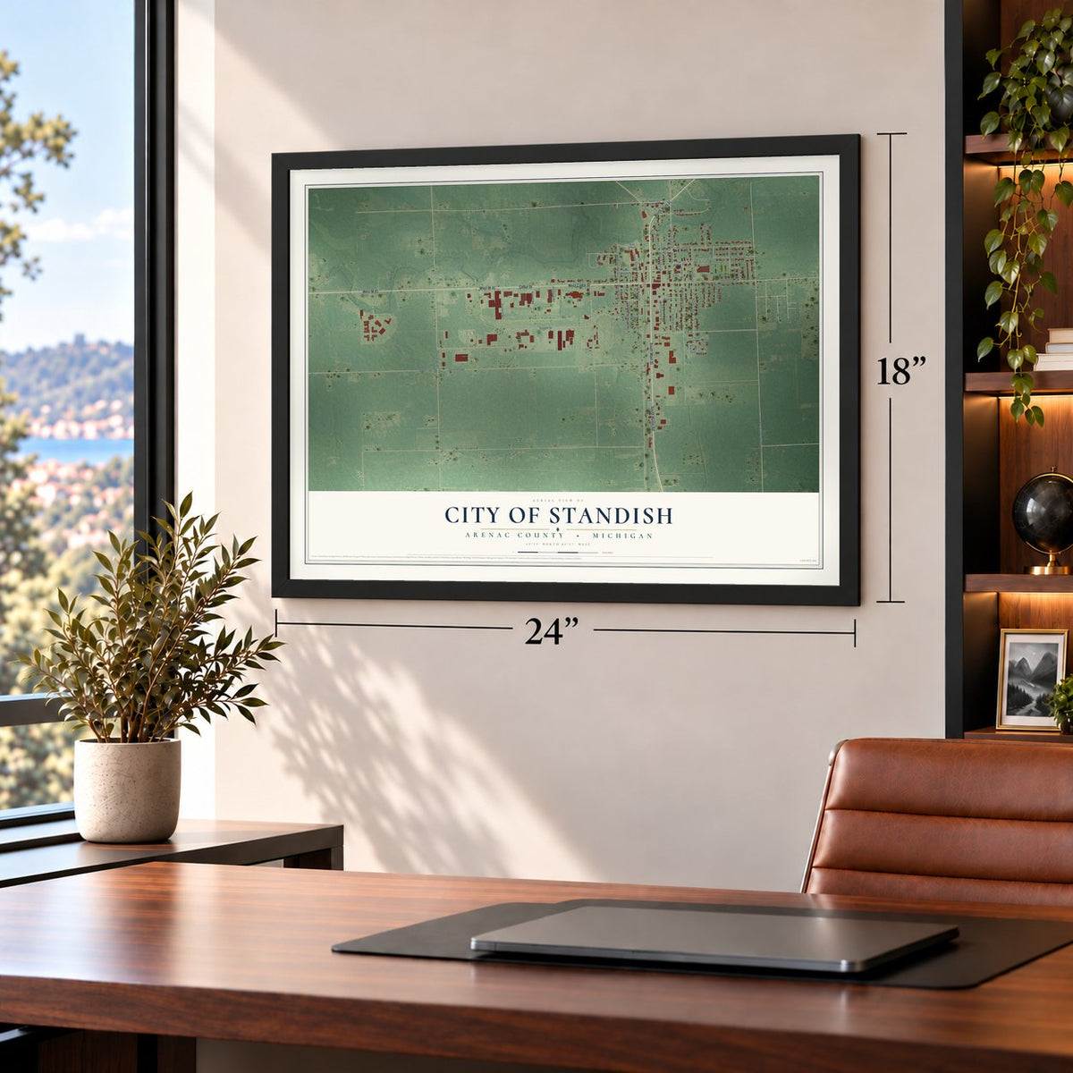 Standish, Michigan map, 18 x 24 inch print in a black frame in a home office