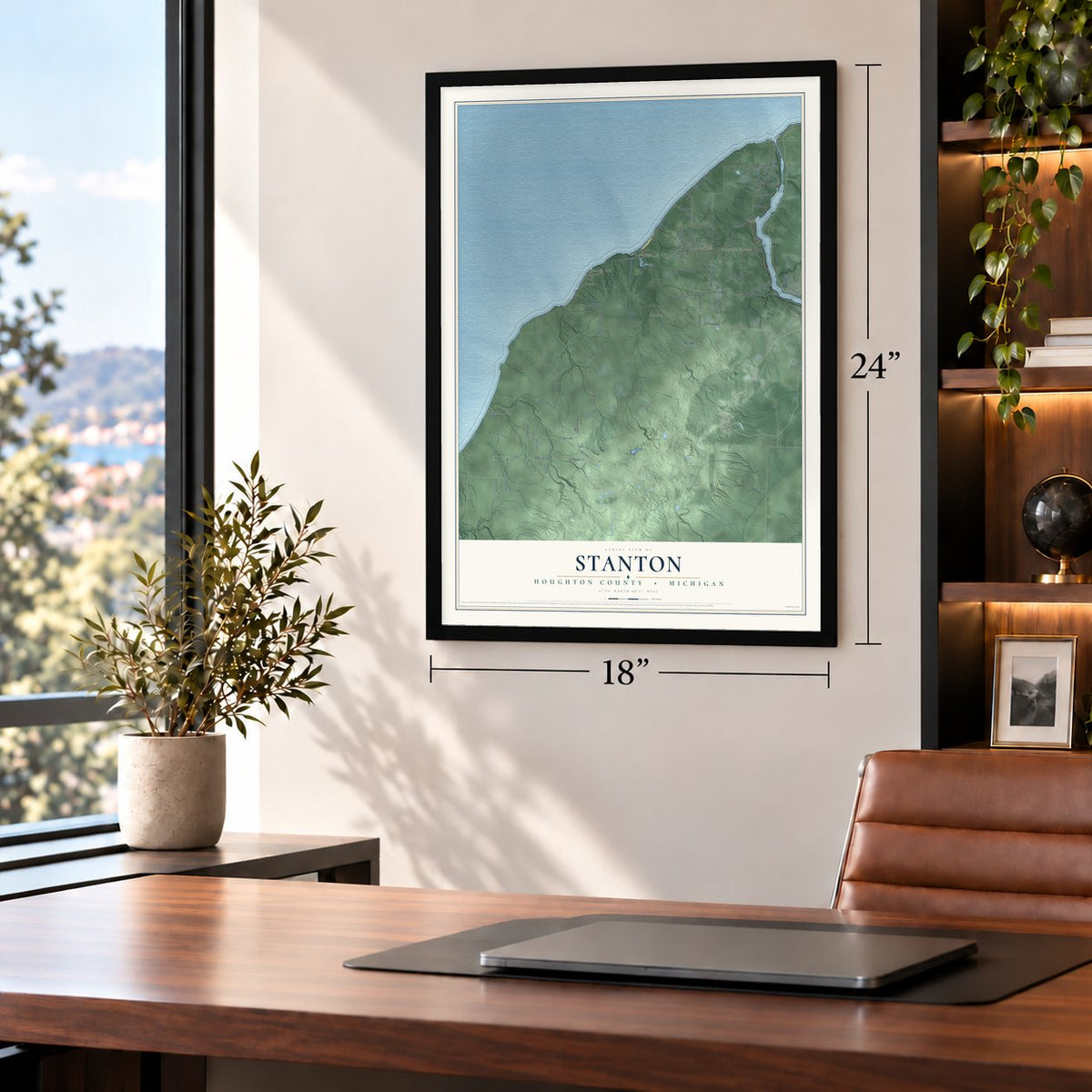 Stanton, Houghton County, Michigan map, 18 x 24 inch print in a black frame in a home office