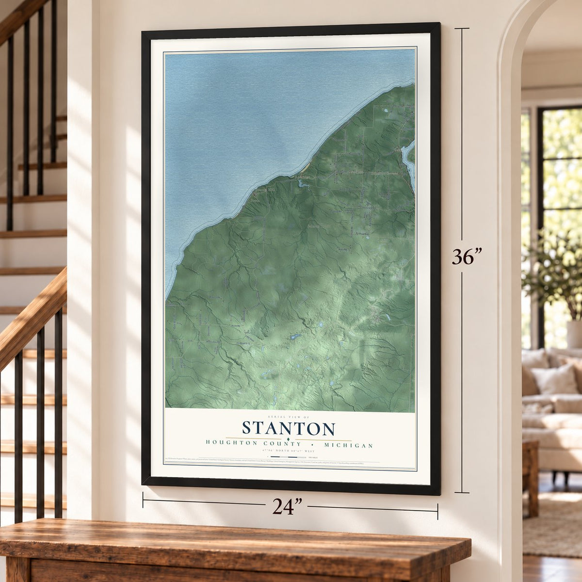 Stanton, Houghton County, Michigan map, 24 x 36 inch print in a black frame by a staircase