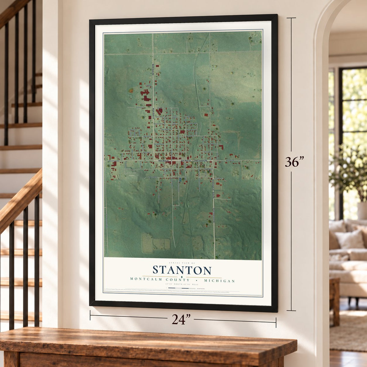 Stanton, Montcalm County, Michigan map, 24 x 36 inch print in a black frame by a staircase