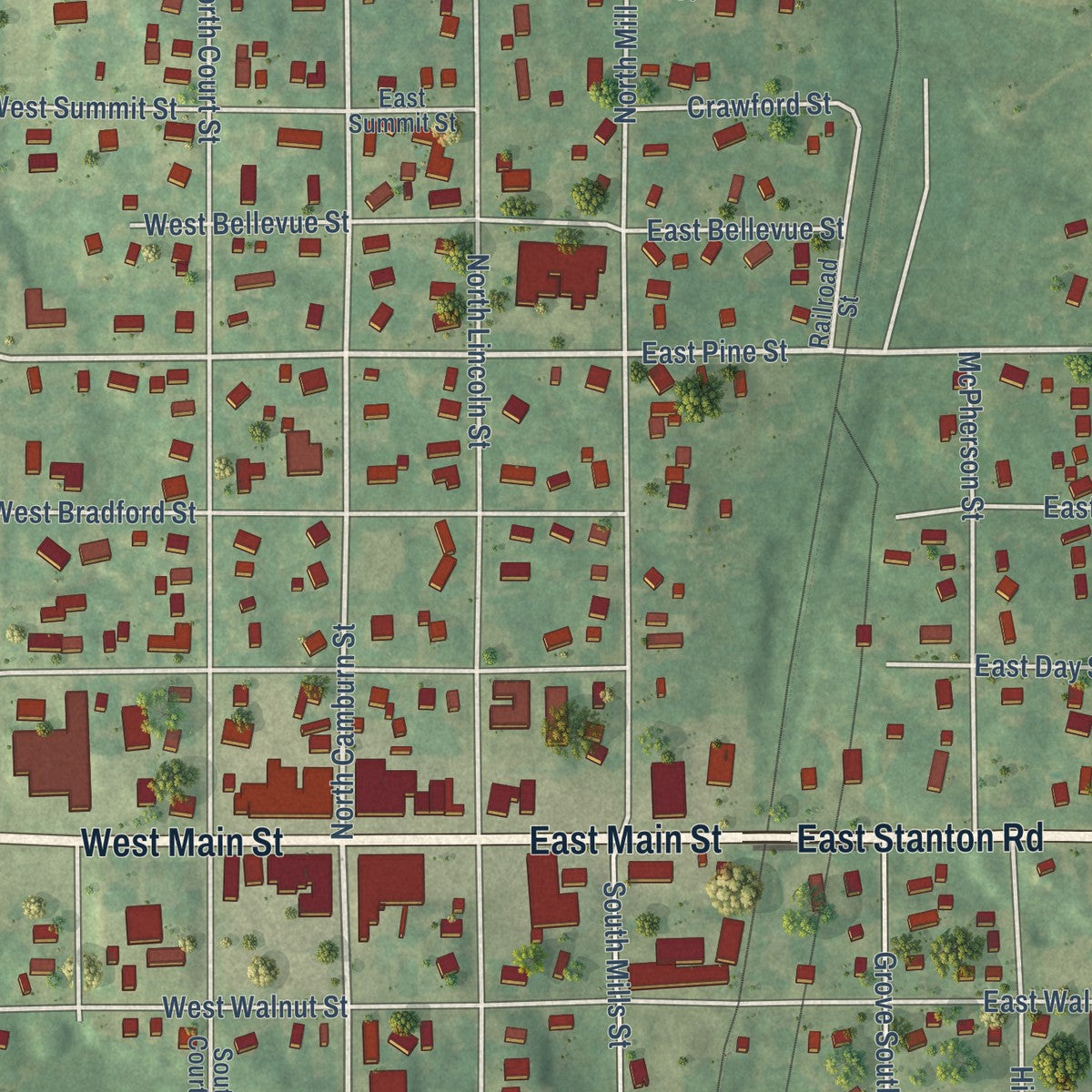 Close-up of the map of Stanton, Montcalm County, Michigan print showing street and building detail