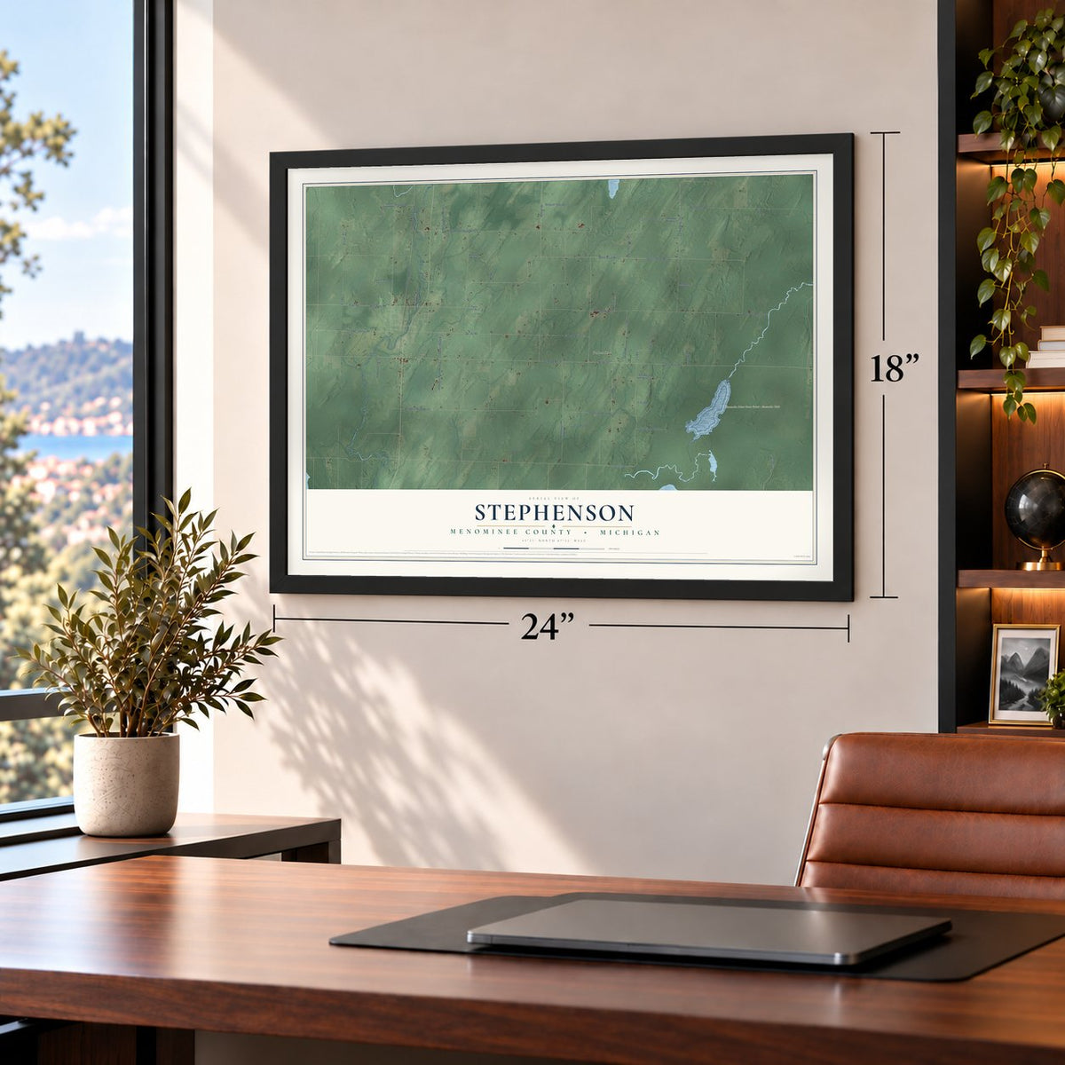 Stephenson, Menominee County, Michigan map, 18 x 24 inch print in a black frame in a home office