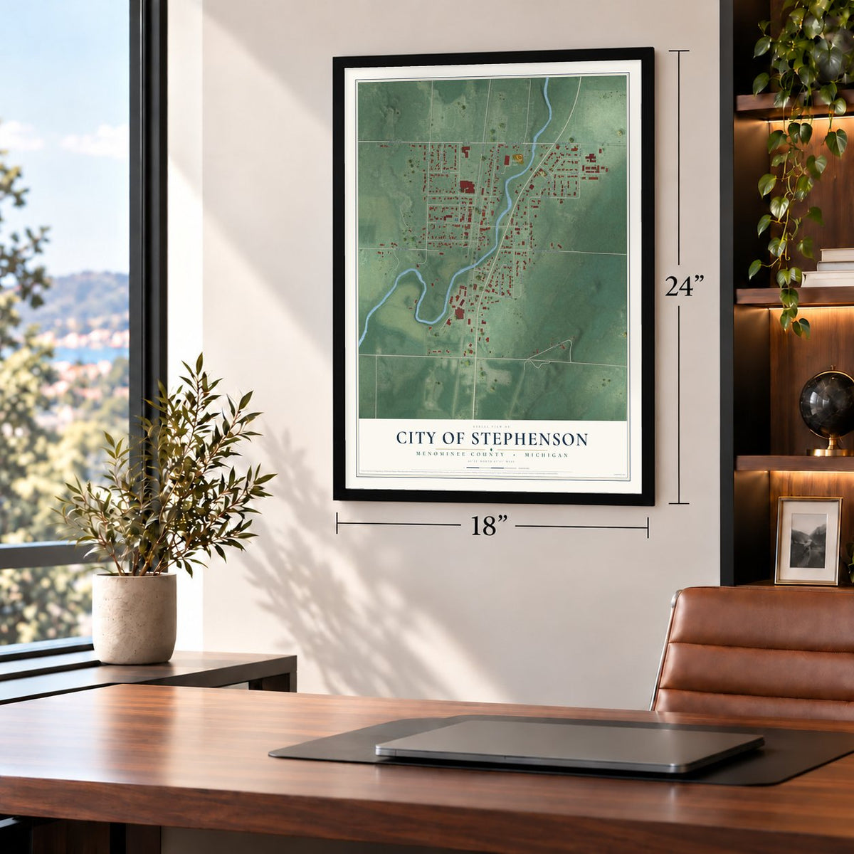 Stephenson, Michigan map, 18 x 24 inch print in a black frame in a home office
