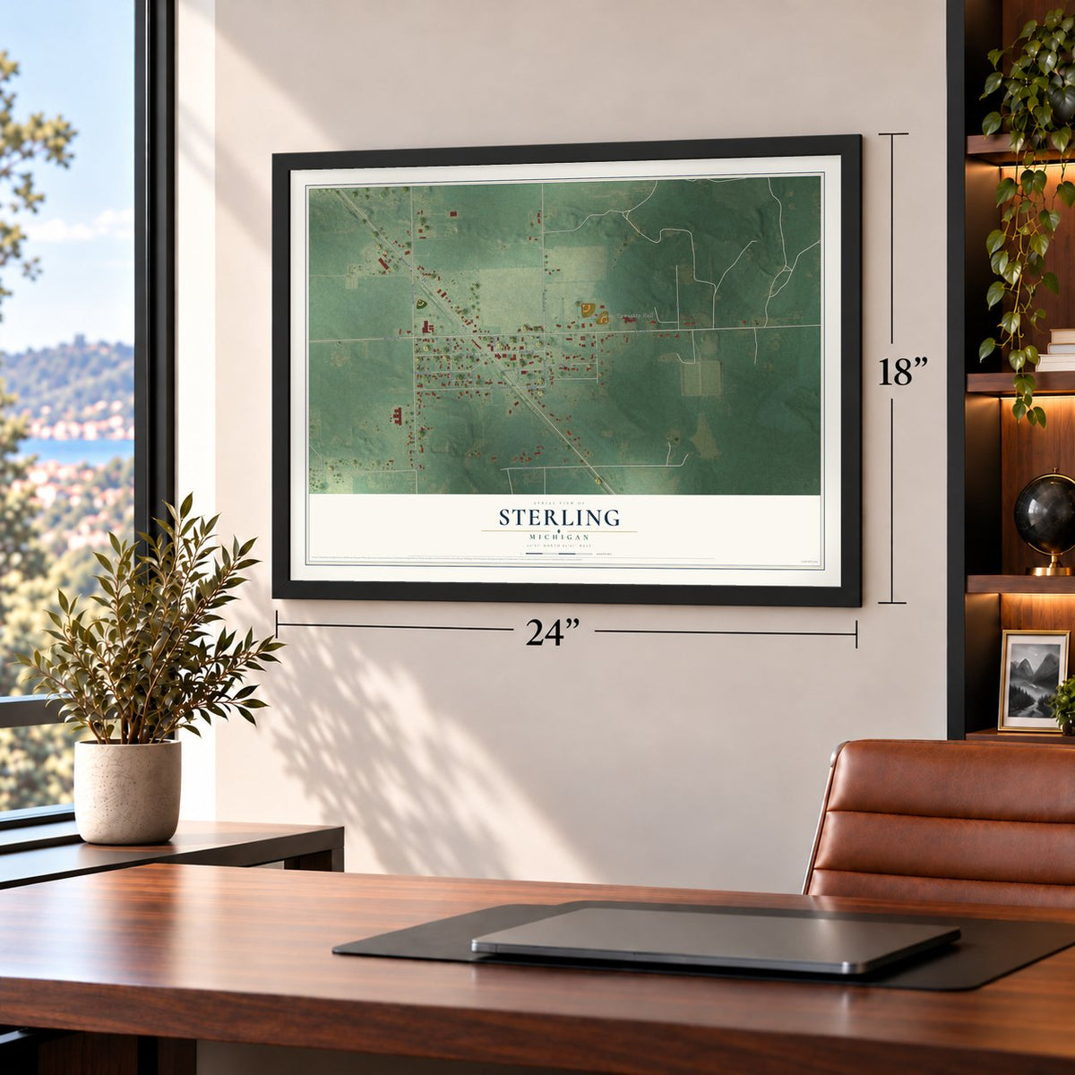 Sterling, Michigan map, 18 x 24 inch print in a black frame in a home office