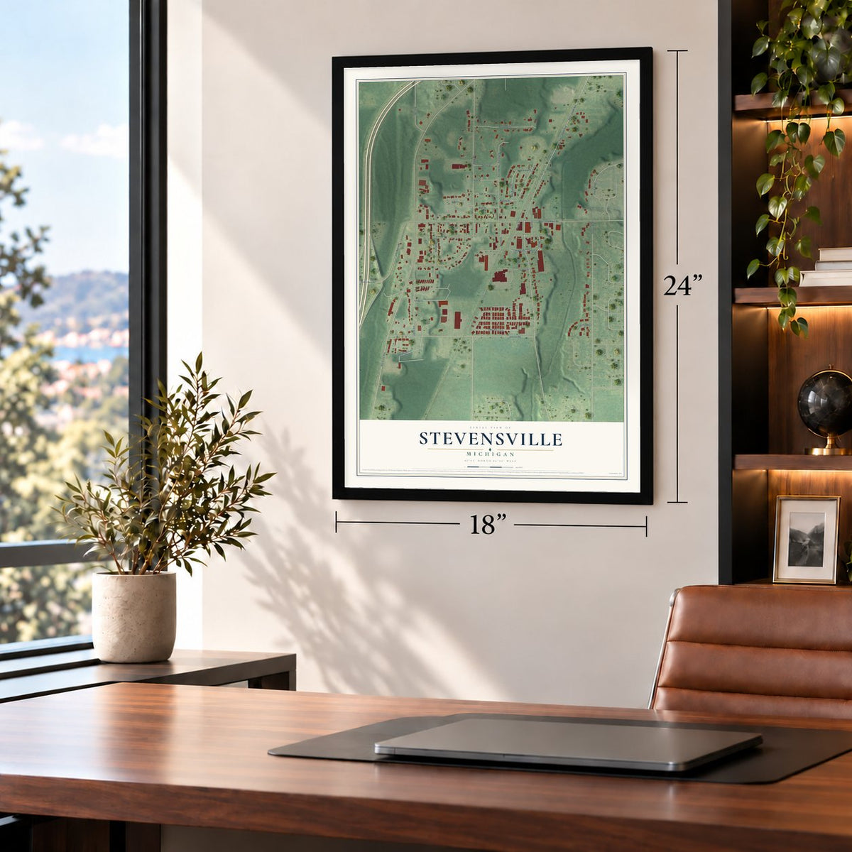 Stevensville, Michigan map, 18 x 24 inch print in a black frame in a home office