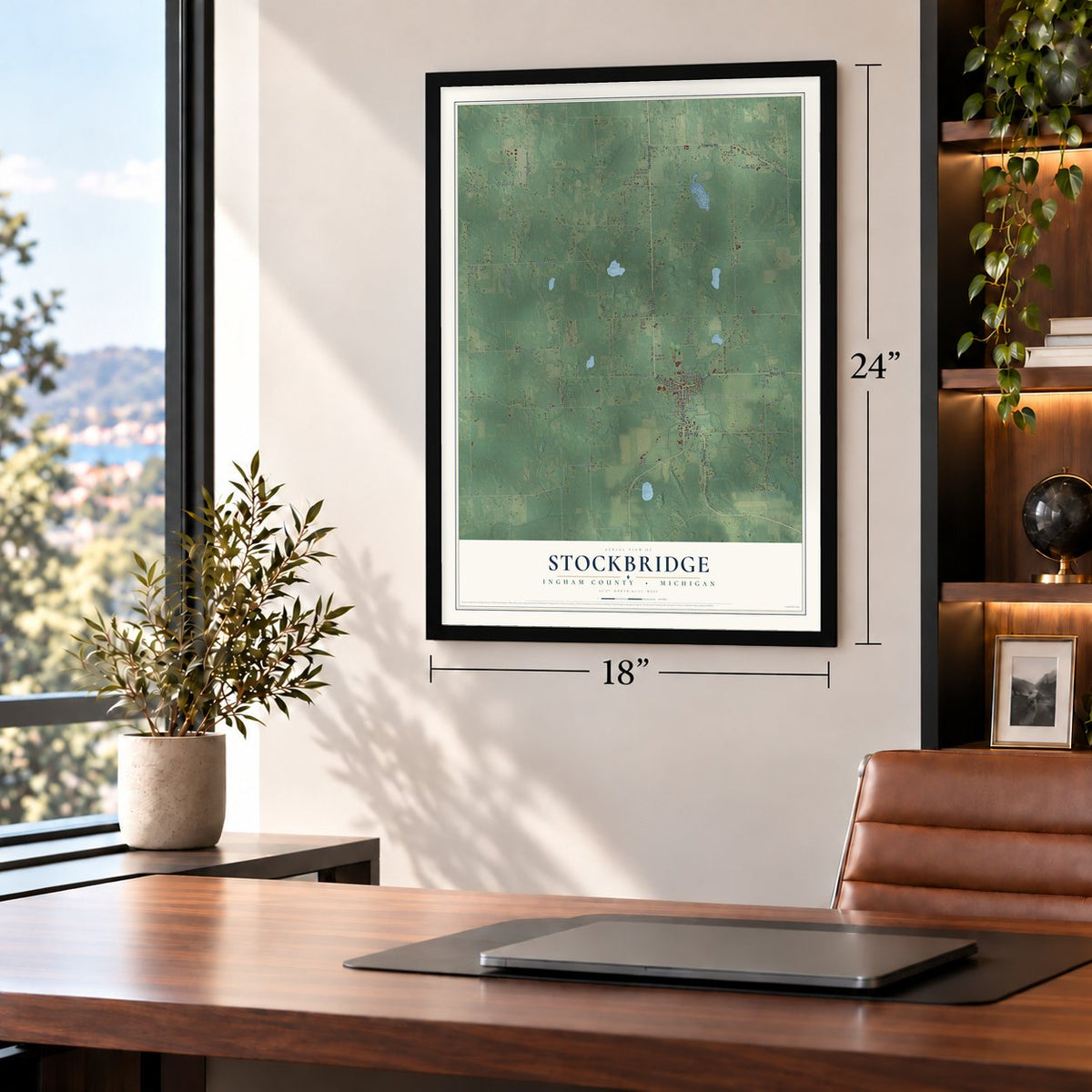 Stockbridge, Ingham County, Michigan map, 18 x 24 inch print in a black frame in a home office