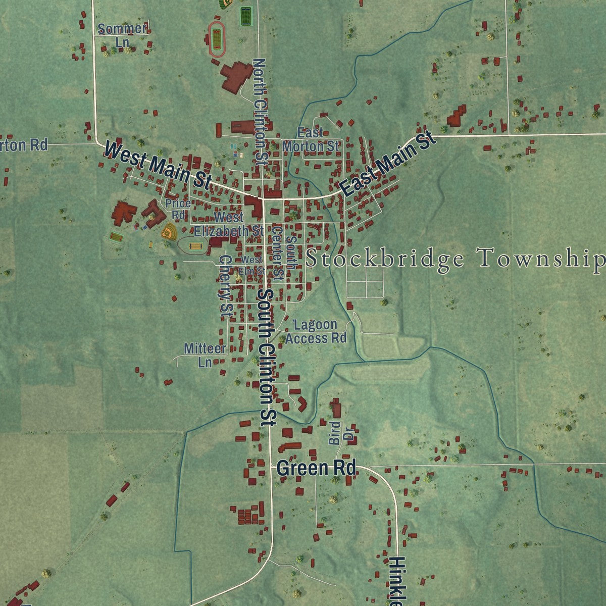 Close-up of the map of Stockbridge, Ingham County, Michigan print showing street and building detail