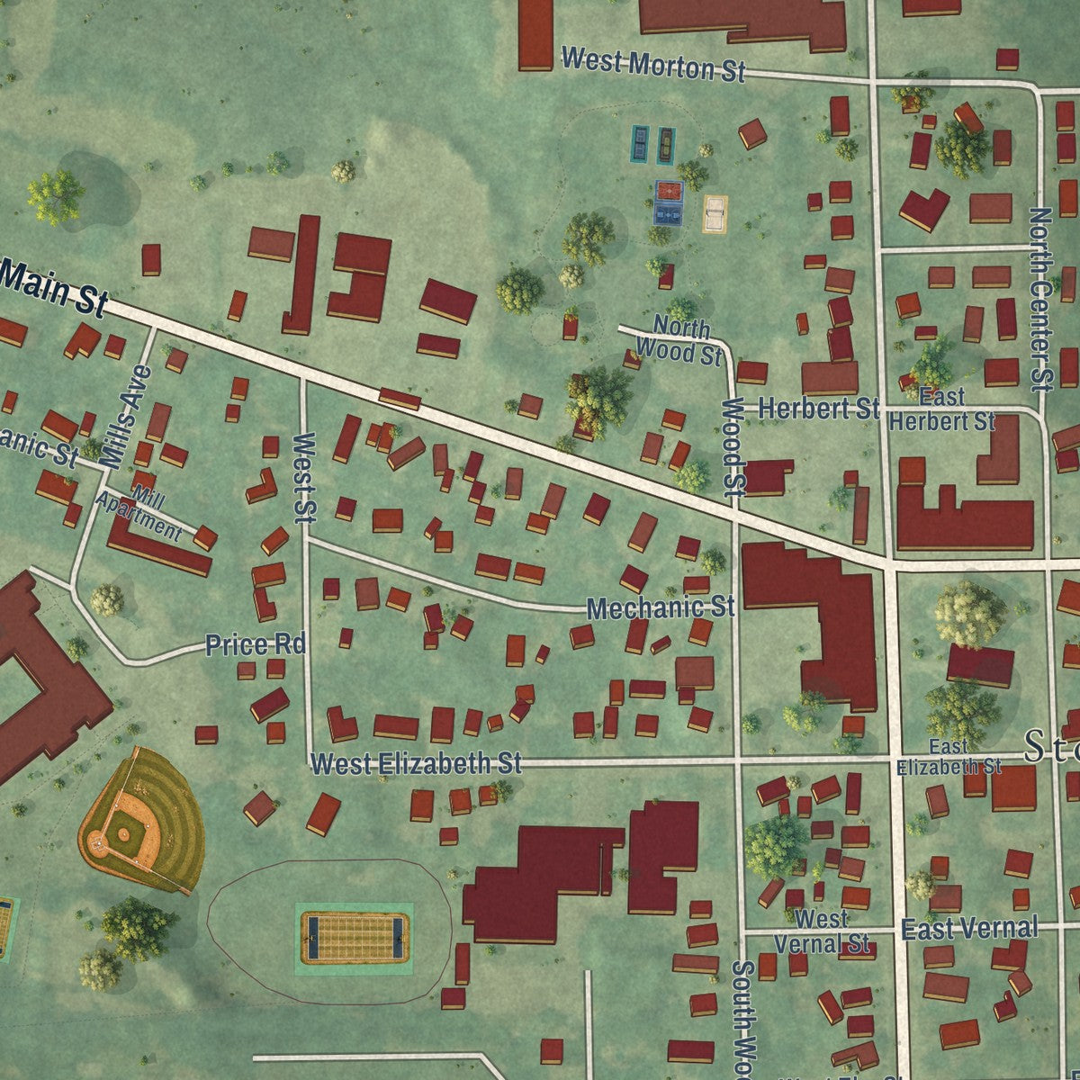 Close-up of the map of Stockbridge, Michigan print showing street and building detail