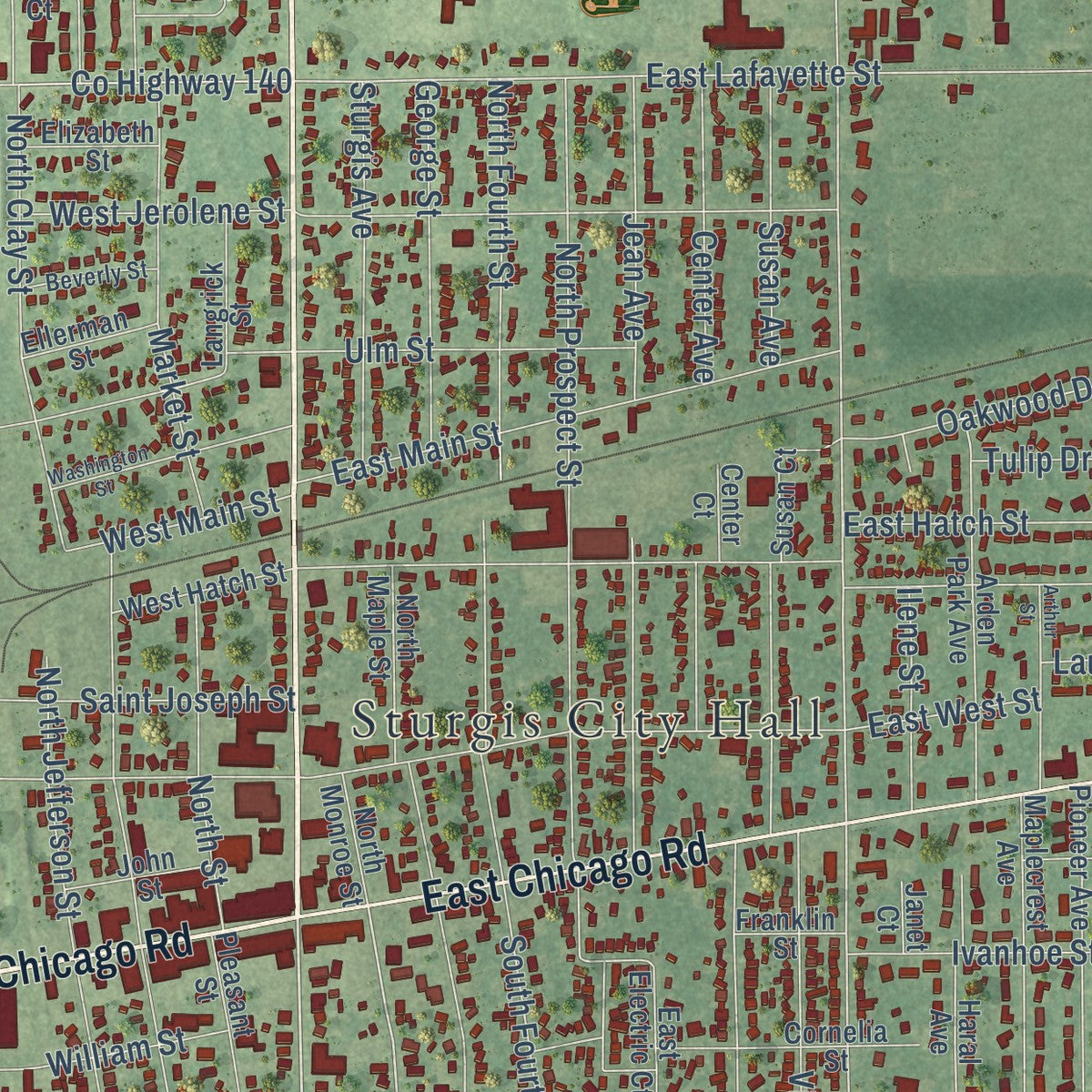 Close-up of the map of Sturgis, Michigan print showing street and building detail