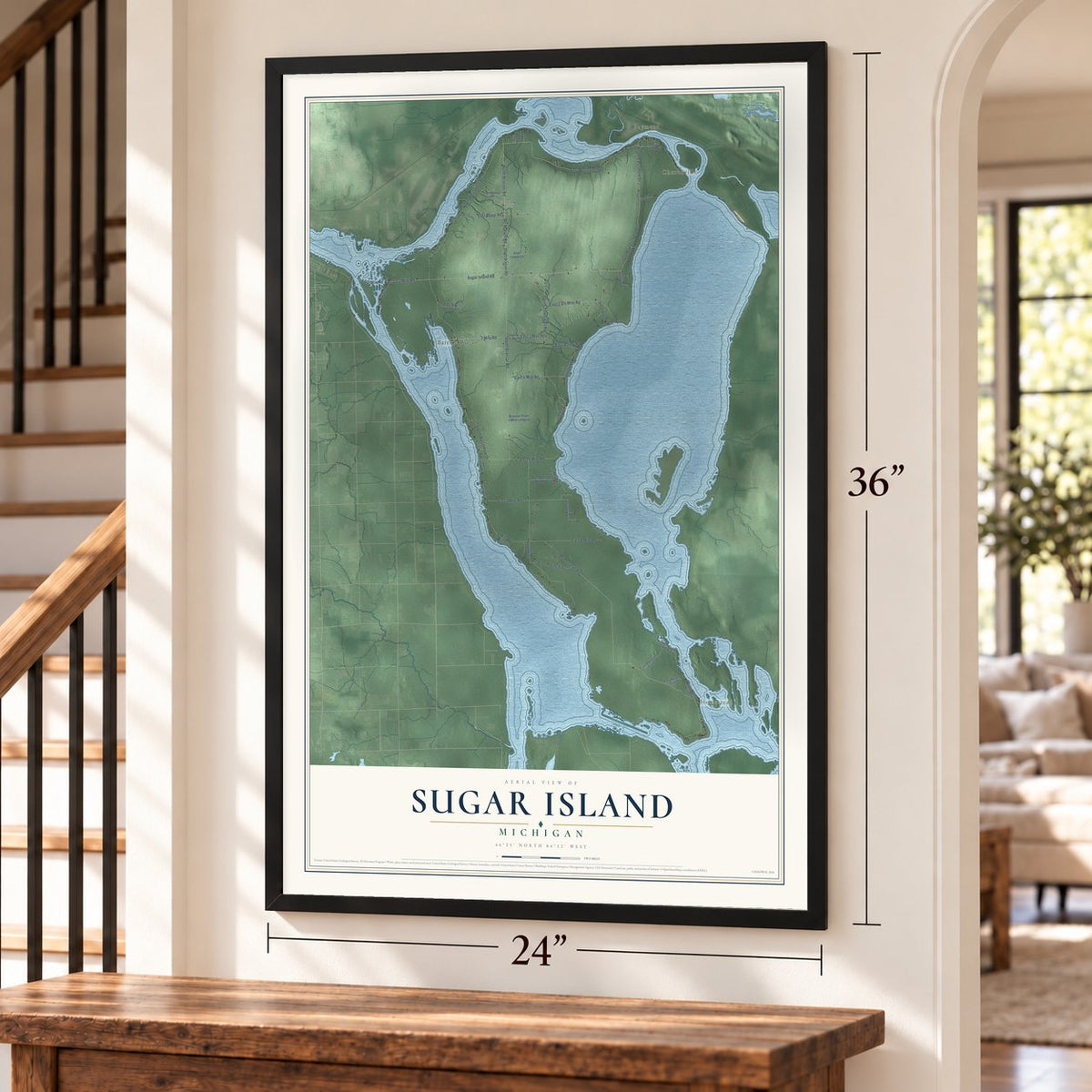 Sugar Island, Michigan map, 24 x 36 inch print in a black frame by a staircase