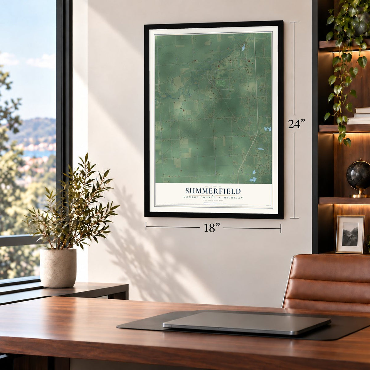Summerfield, Monroe County, Michigan map, 18 x 24 inch print in a black frame in a home office