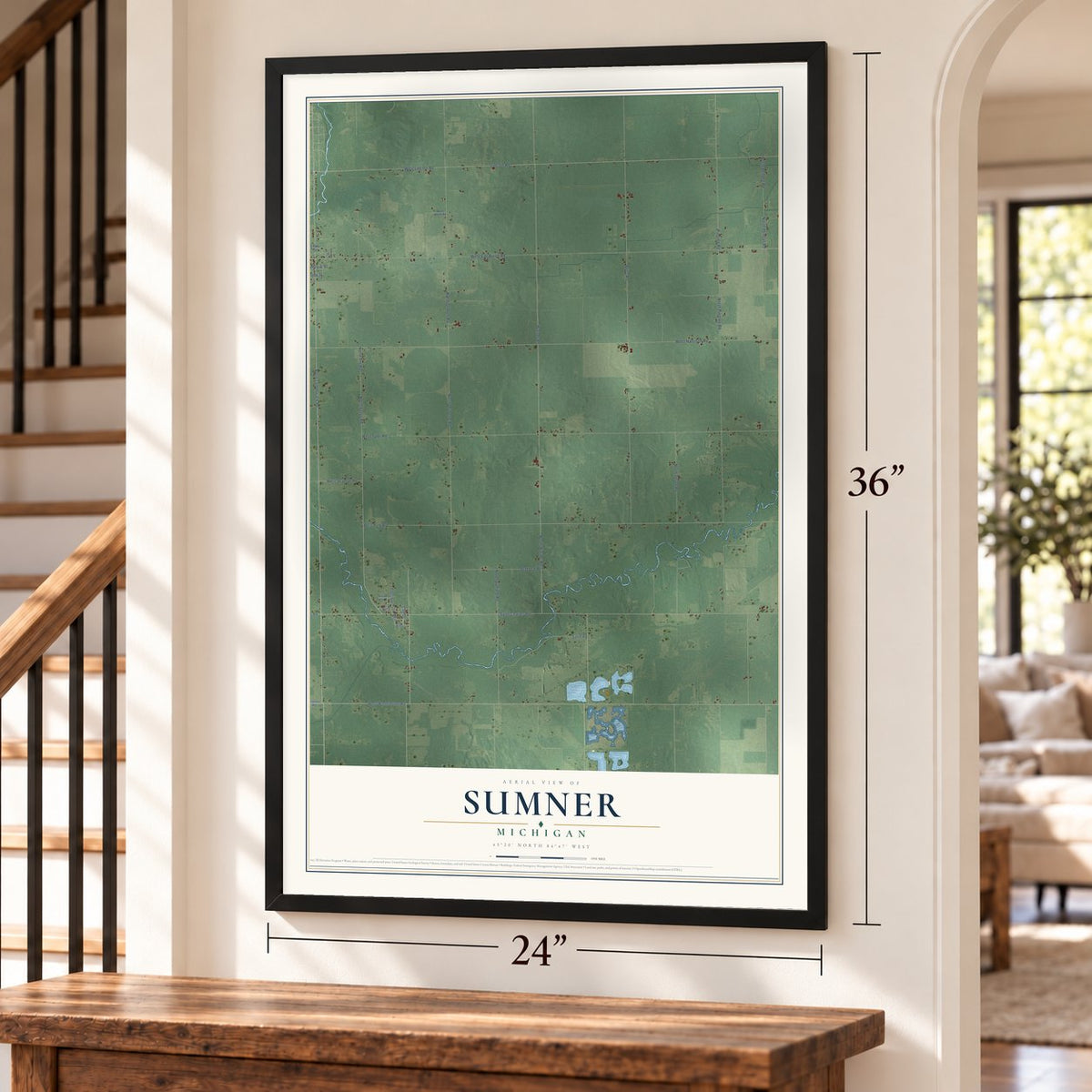 Sumner, Michigan map, 24 x 36 inch print in a black frame by a staircase