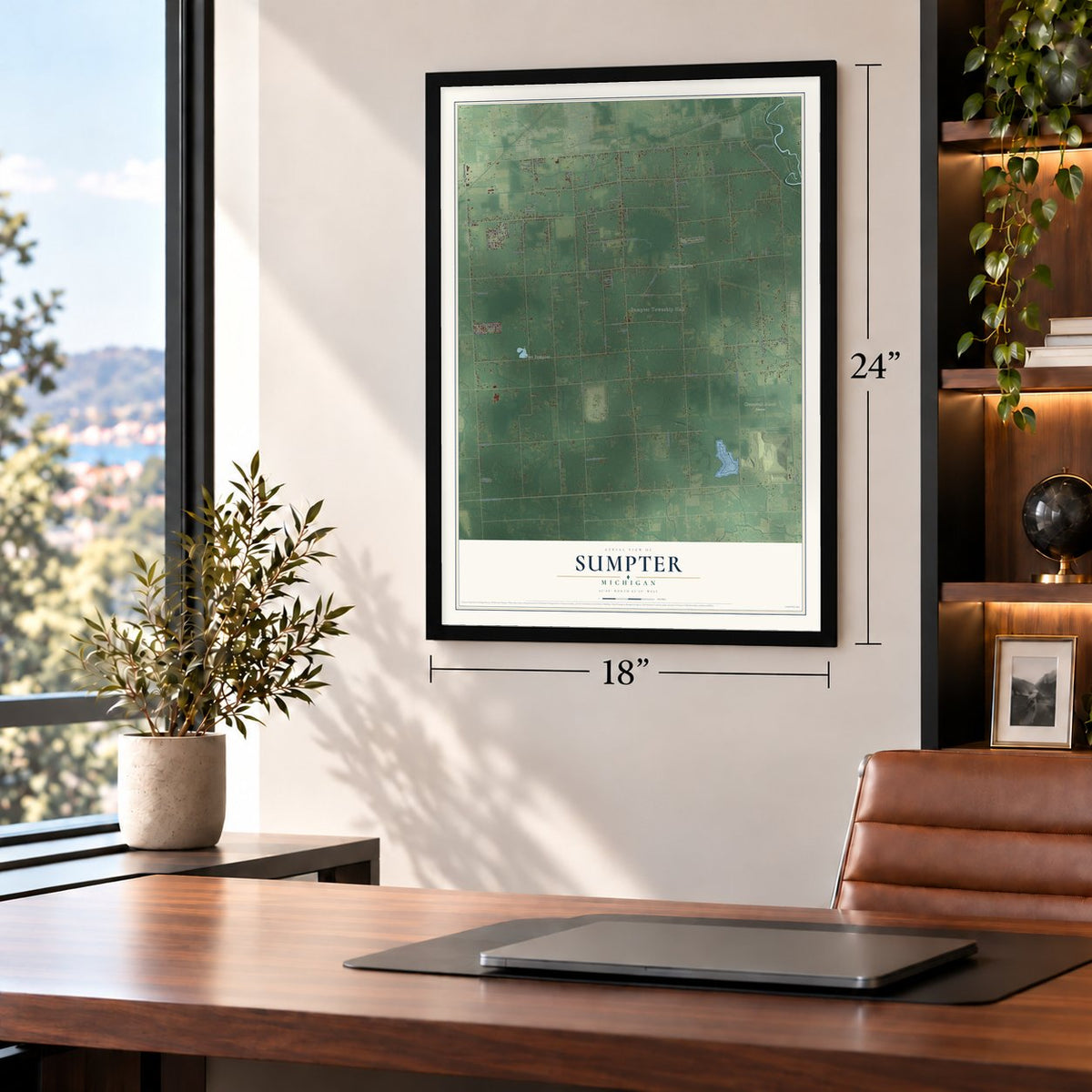 Sumpter, Michigan map, 18 x 24 inch print in a black frame in a home office