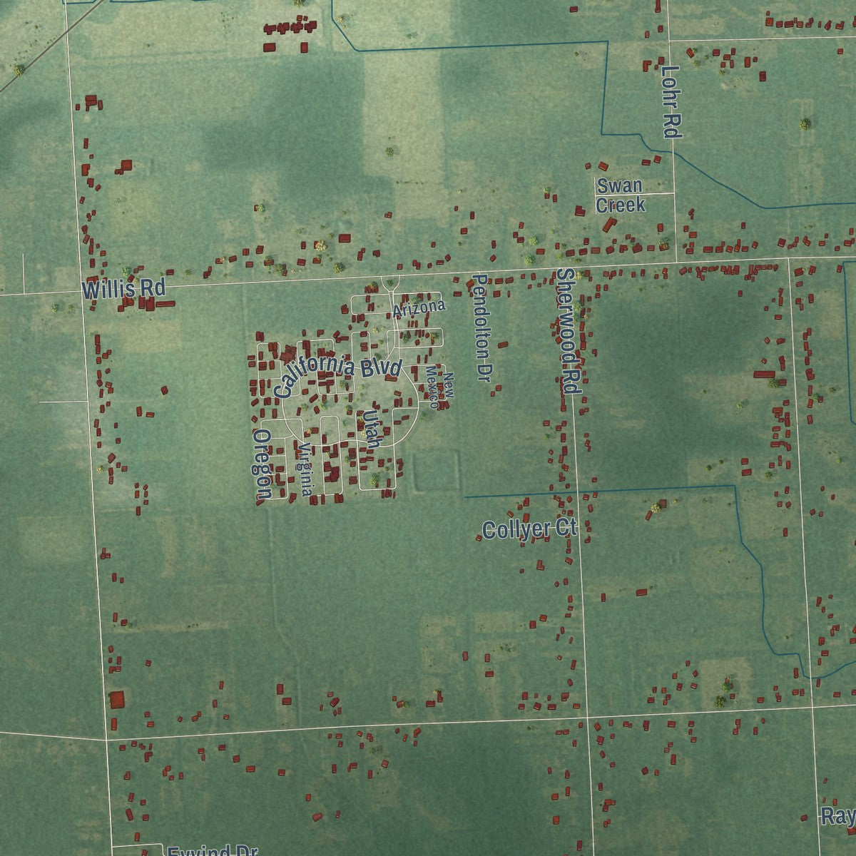 Close-up of the map of Sumpter, Michigan print showing street and building detail