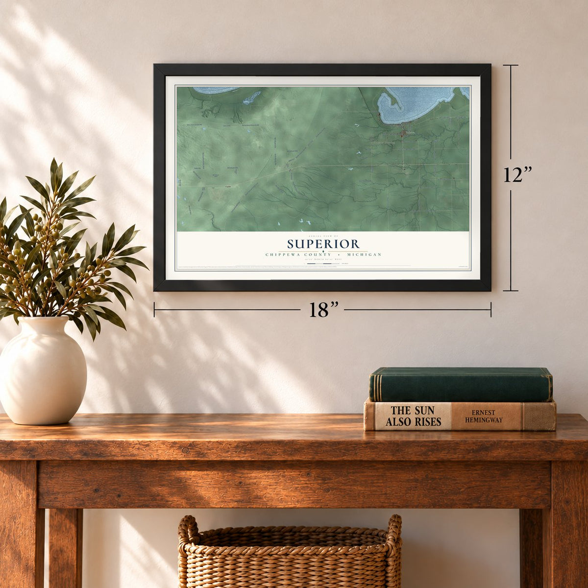 Superior, Chippewa County, Michigan map, 12 x 18 inch print in a black frame in an entryway