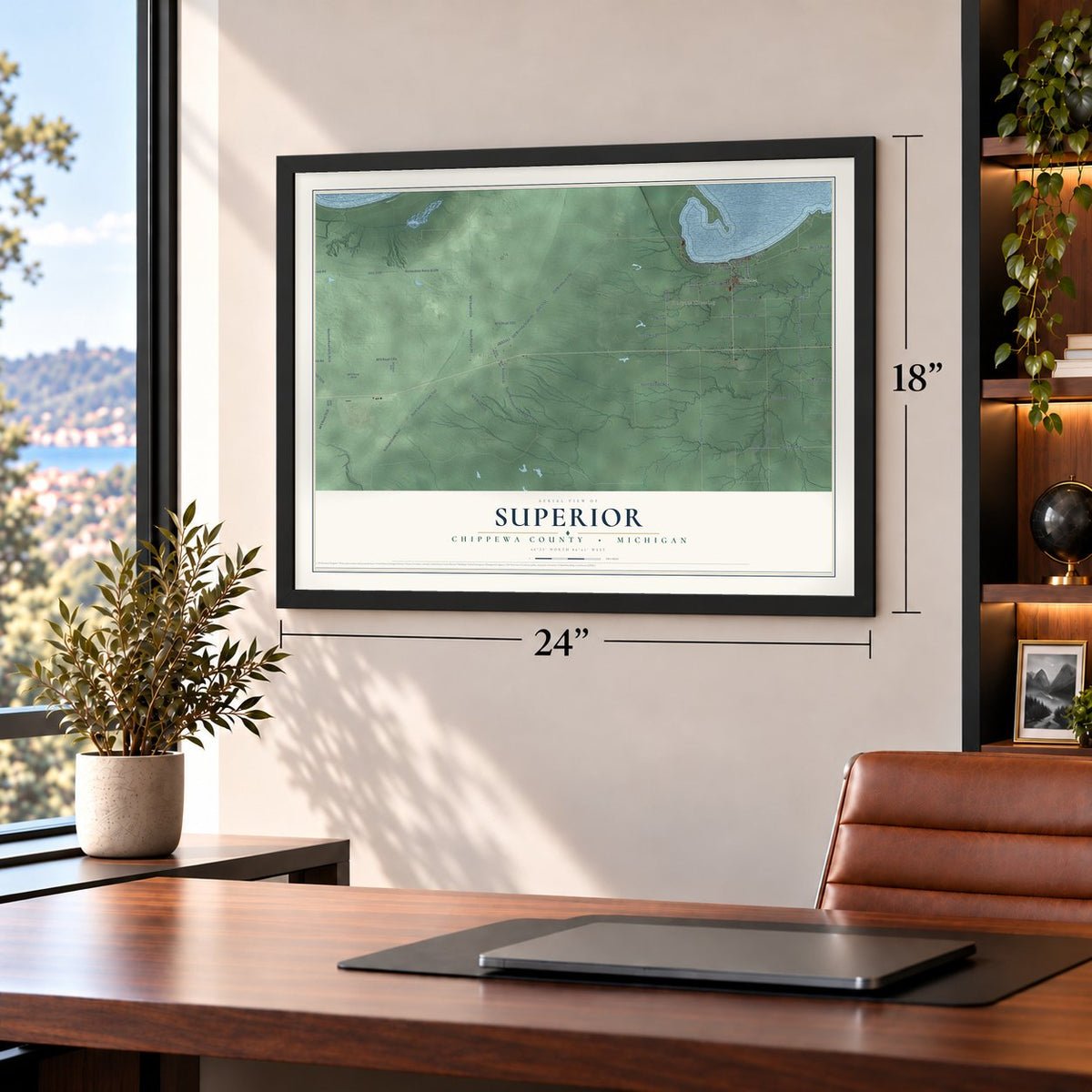Superior, Chippewa County, Michigan map, 18 x 24 inch print in a black frame in a home office