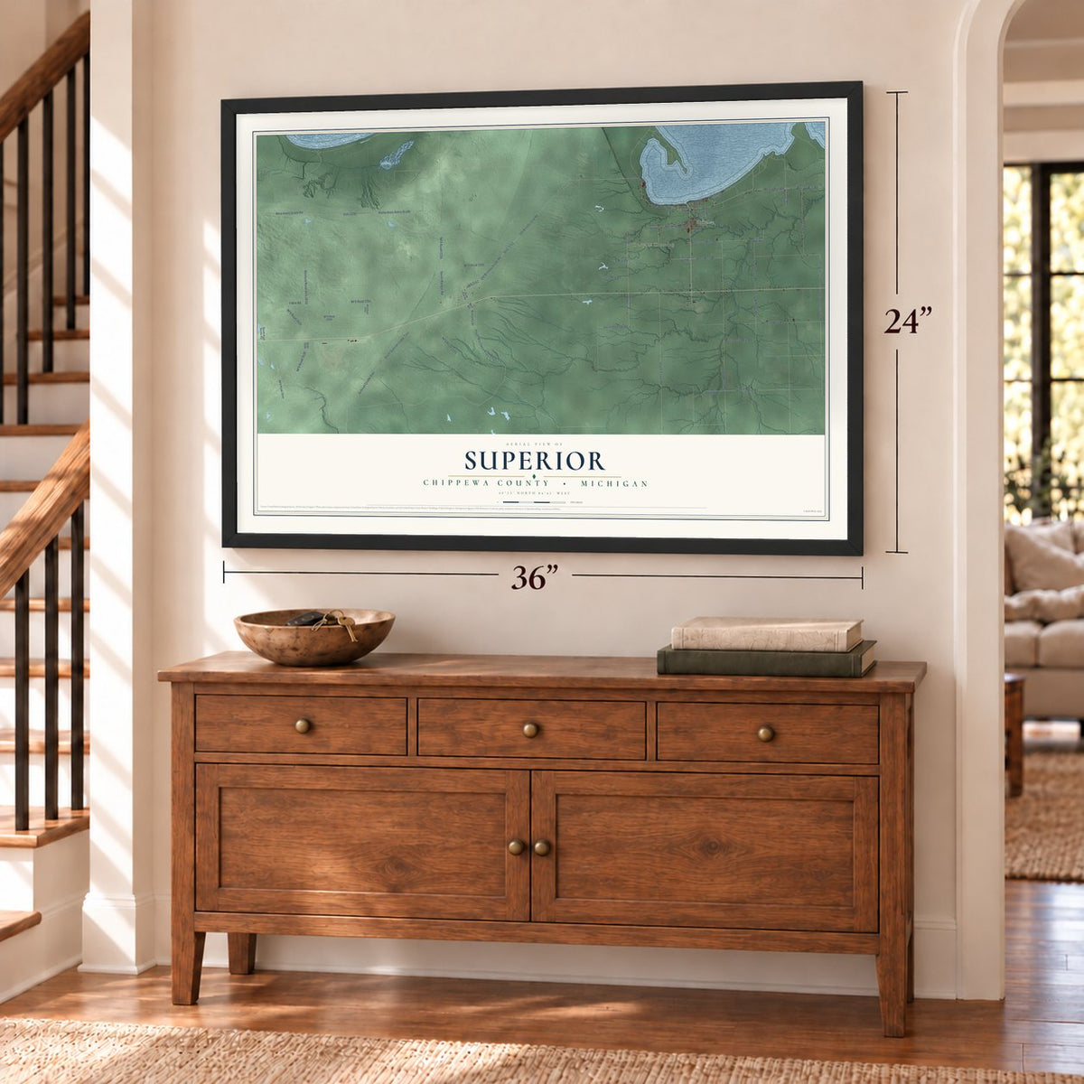 Superior, Chippewa County, Michigan map, 24 x 36 inch print in a black frame above a dresser by a staircase