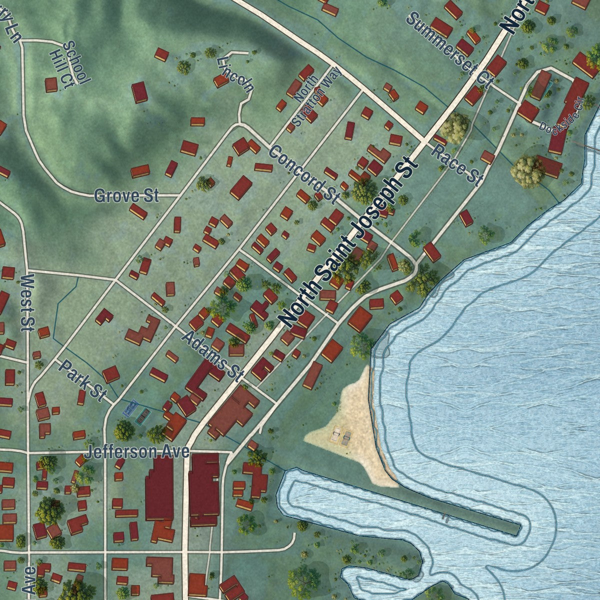 Close-up of the map of Suttons Bay, Michigan print showing street and building detail