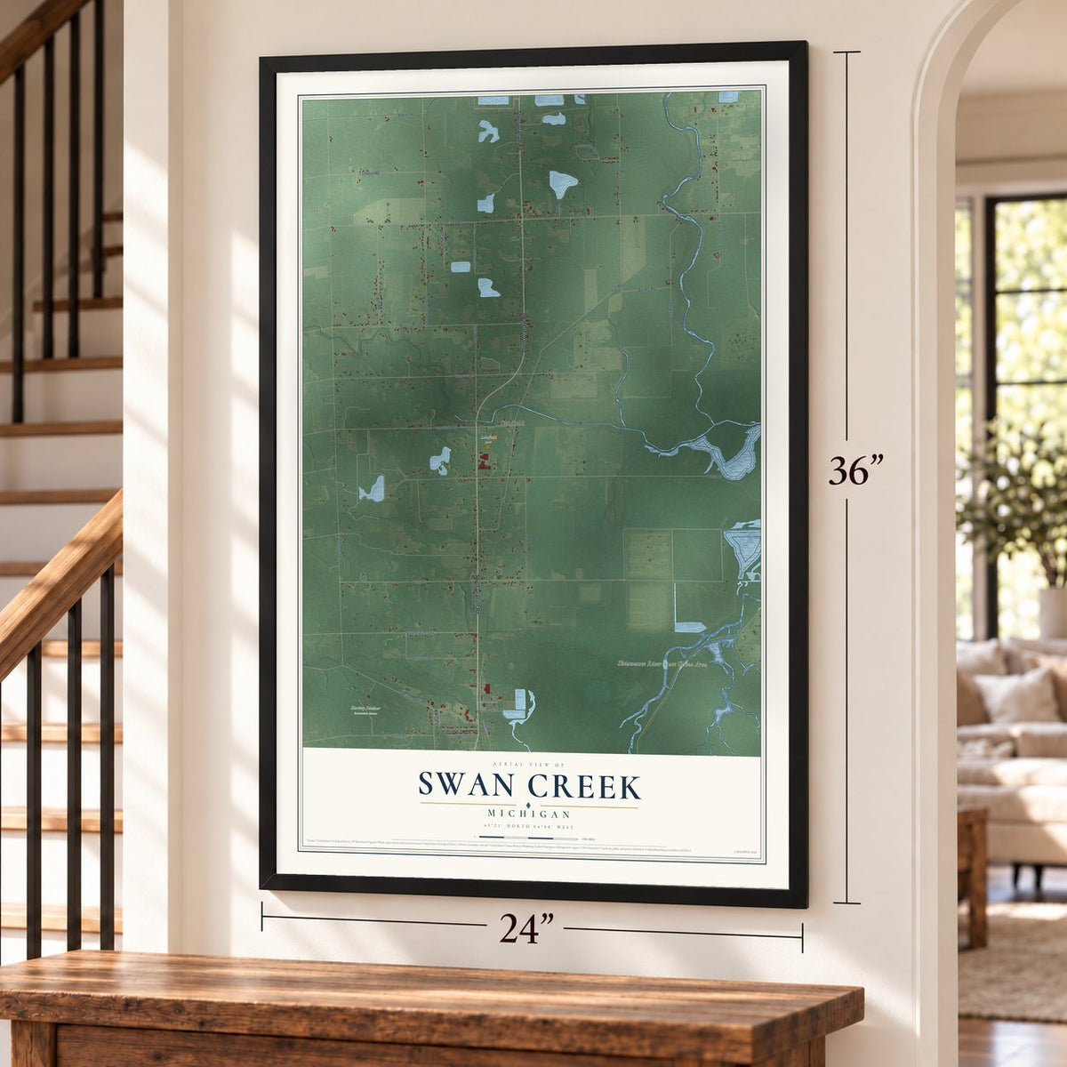 Swan Creek, Michigan map, 24 x 36 inch print in a black frame by a staircase