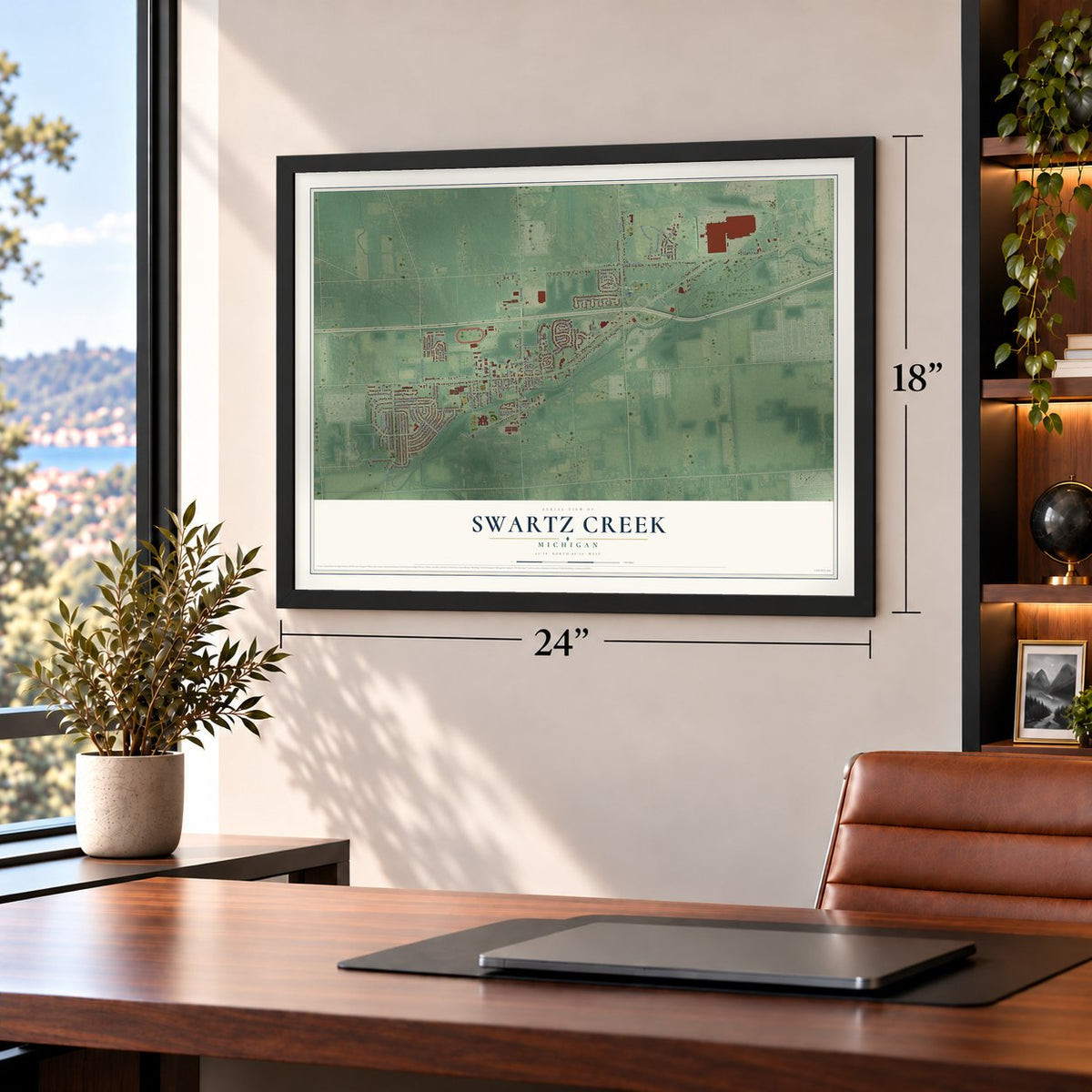 Swartz Creek, Michigan map, 18 x 24 inch print in a black frame in a home office