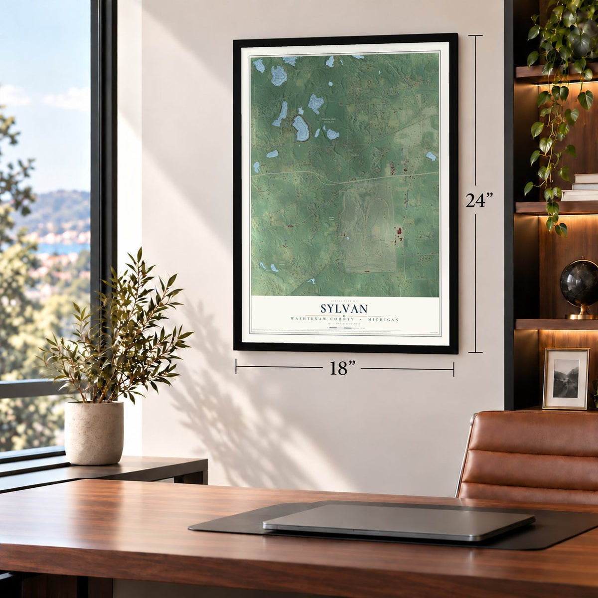 Sylvan, Washtenaw County, Michigan map, 18 x 24 inch print in a black frame in a home office