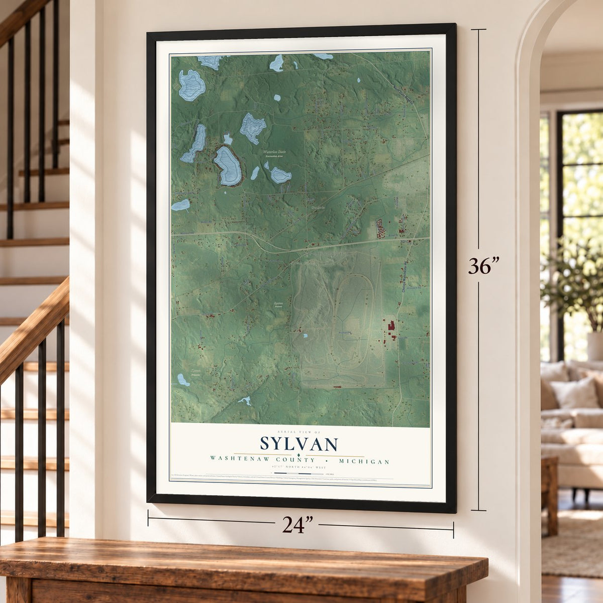 Sylvan, Washtenaw County, Michigan map, 24 x 36 inch print in a black frame by a staircase
