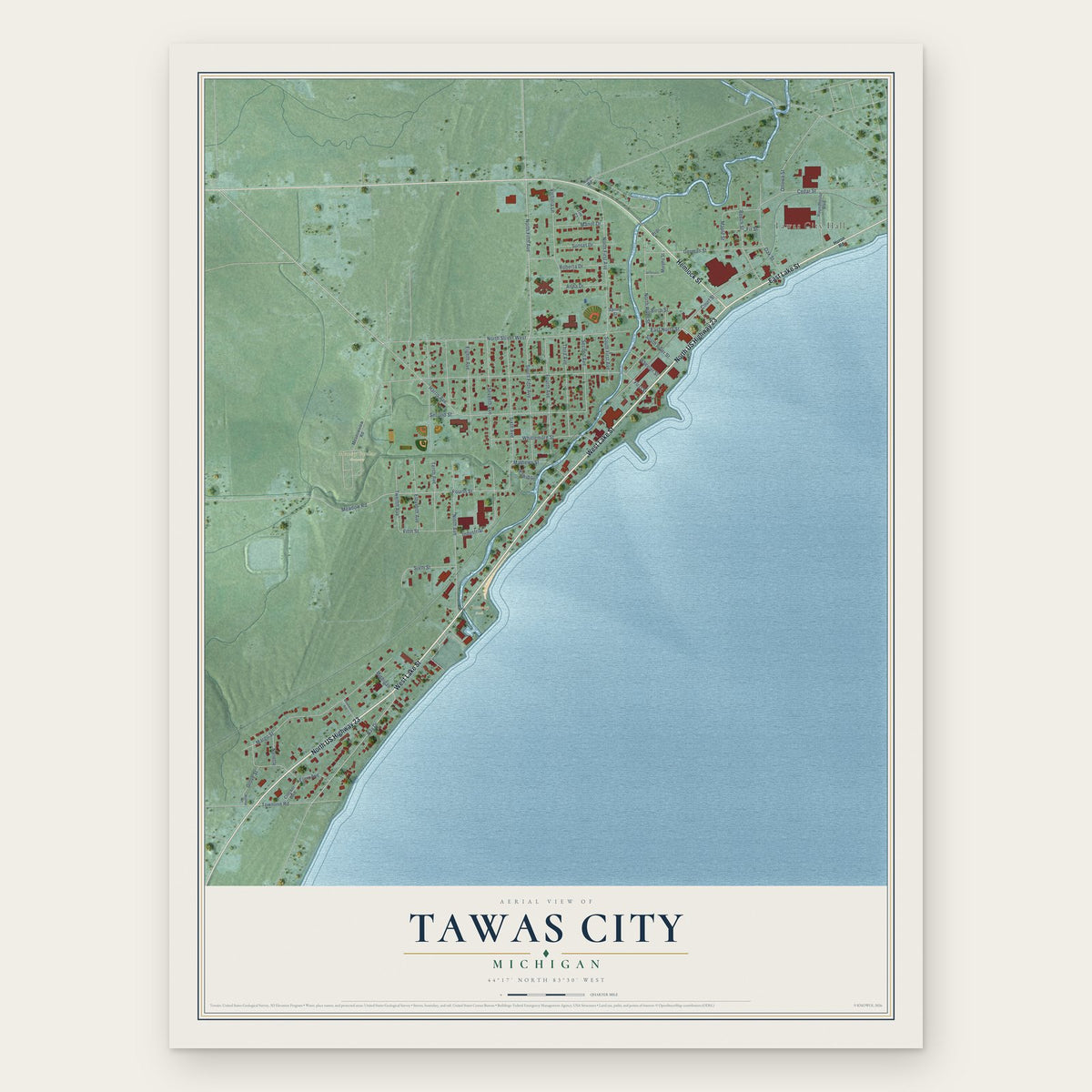 Tawas City, Michigan map print, the full design