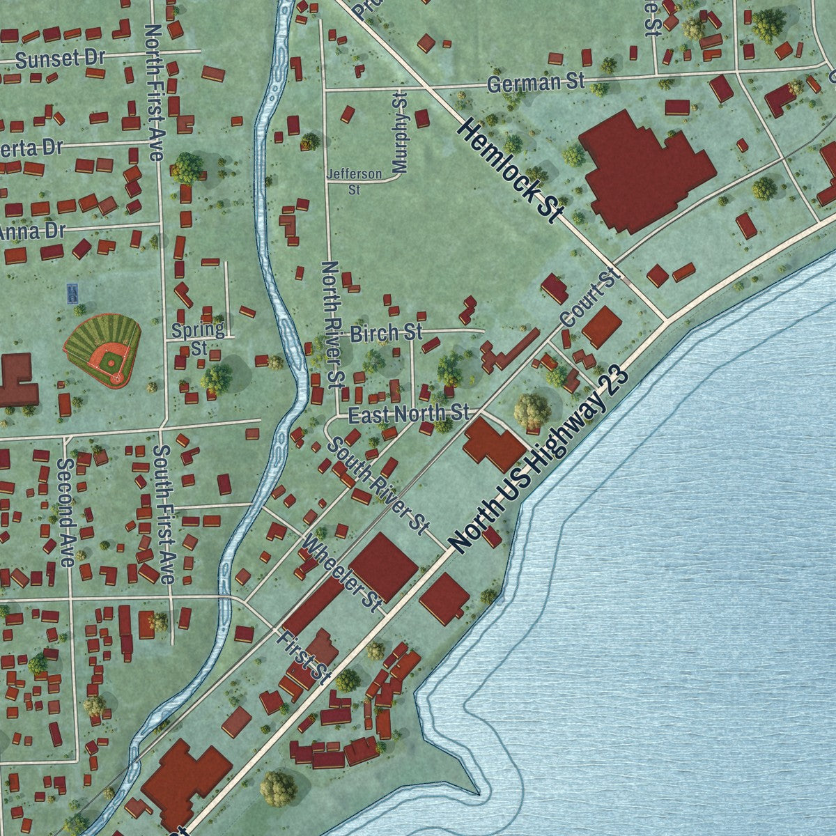 Close-up of the map of Tawas City, Michigan print showing street and building detail