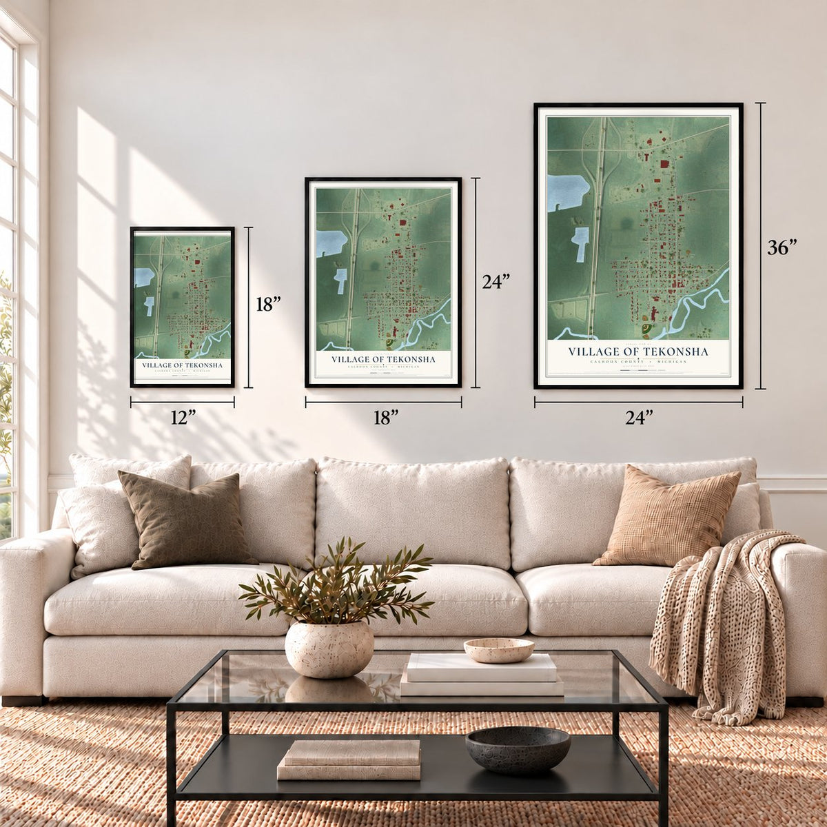 Tekonsha, Michigan map in 12 x 18, 18 x 24 and 24 x 36 inch sizes above a sofa