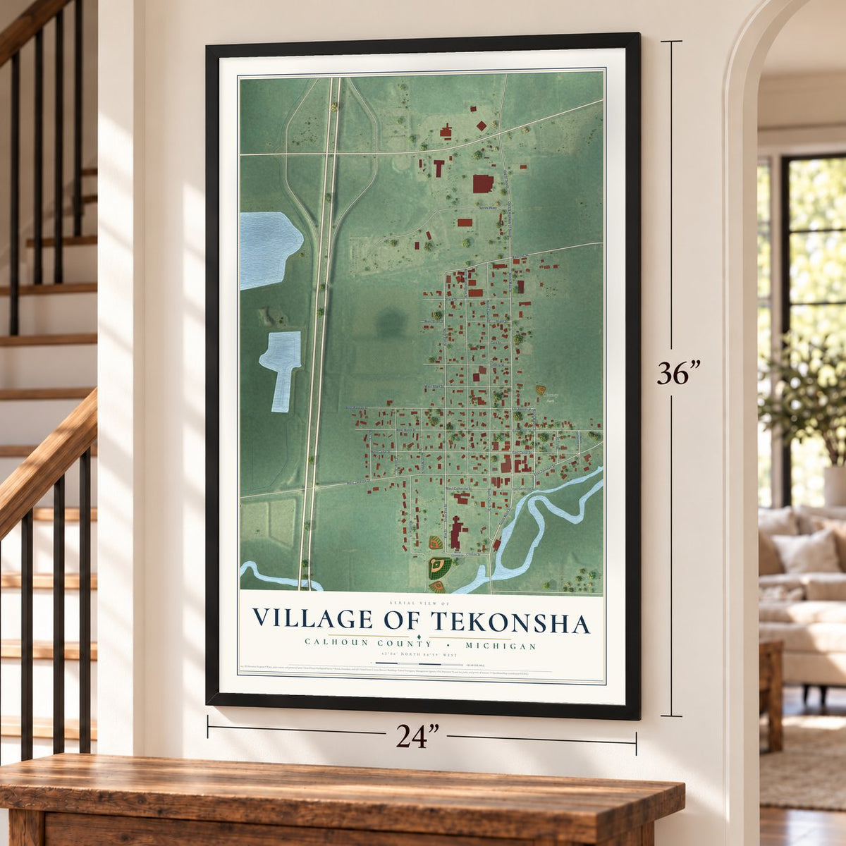 Tekonsha, Michigan map, 24 x 36 inch print in a black frame by a staircase