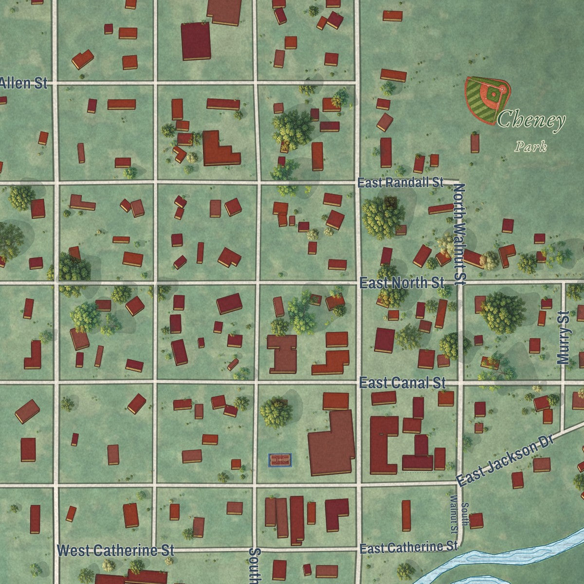 Close-up of the map of Tekonsha, Michigan print showing street and building detail