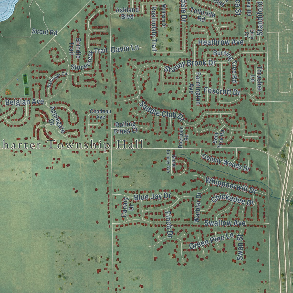 Close-up of the map of Texas, Michigan print showing street and building detail