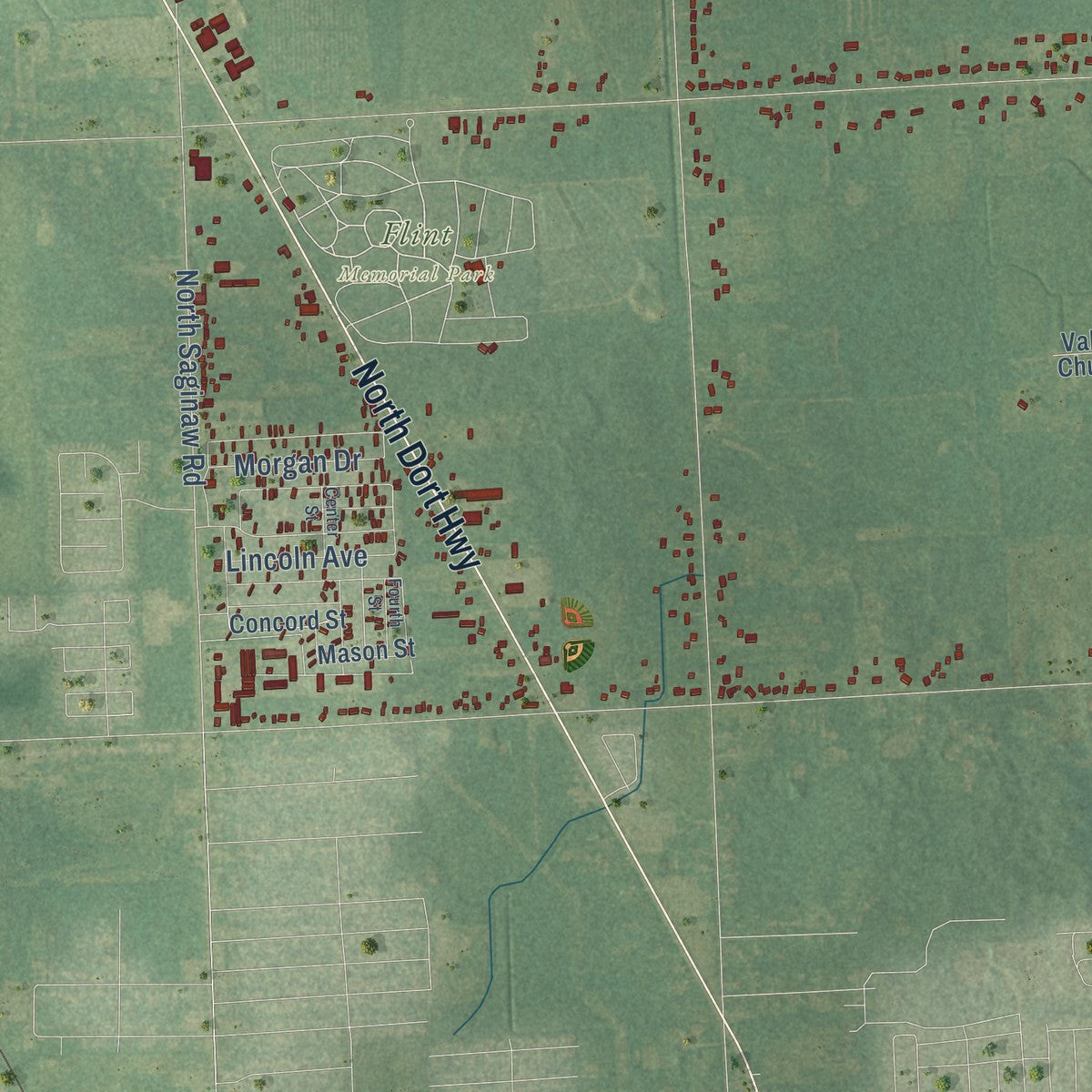 Close-up of the map of Thetford, Michigan print showing street and building detail