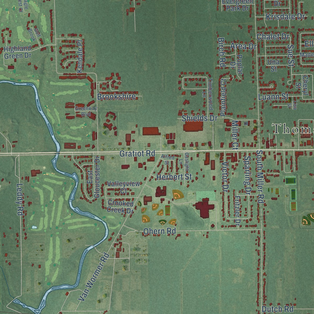 Close-up of the map of Thomas, Michigan print showing street and building detail