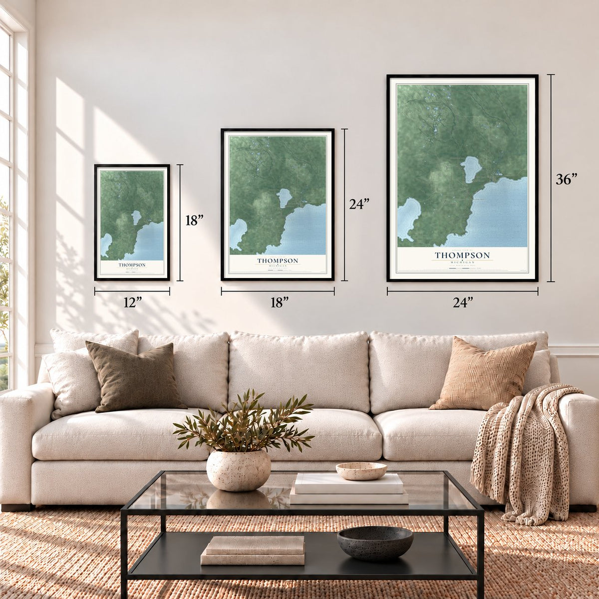 Thompson, Michigan map in 12 x 18, 18 x 24 and 24 x 36 inch sizes above a sofa