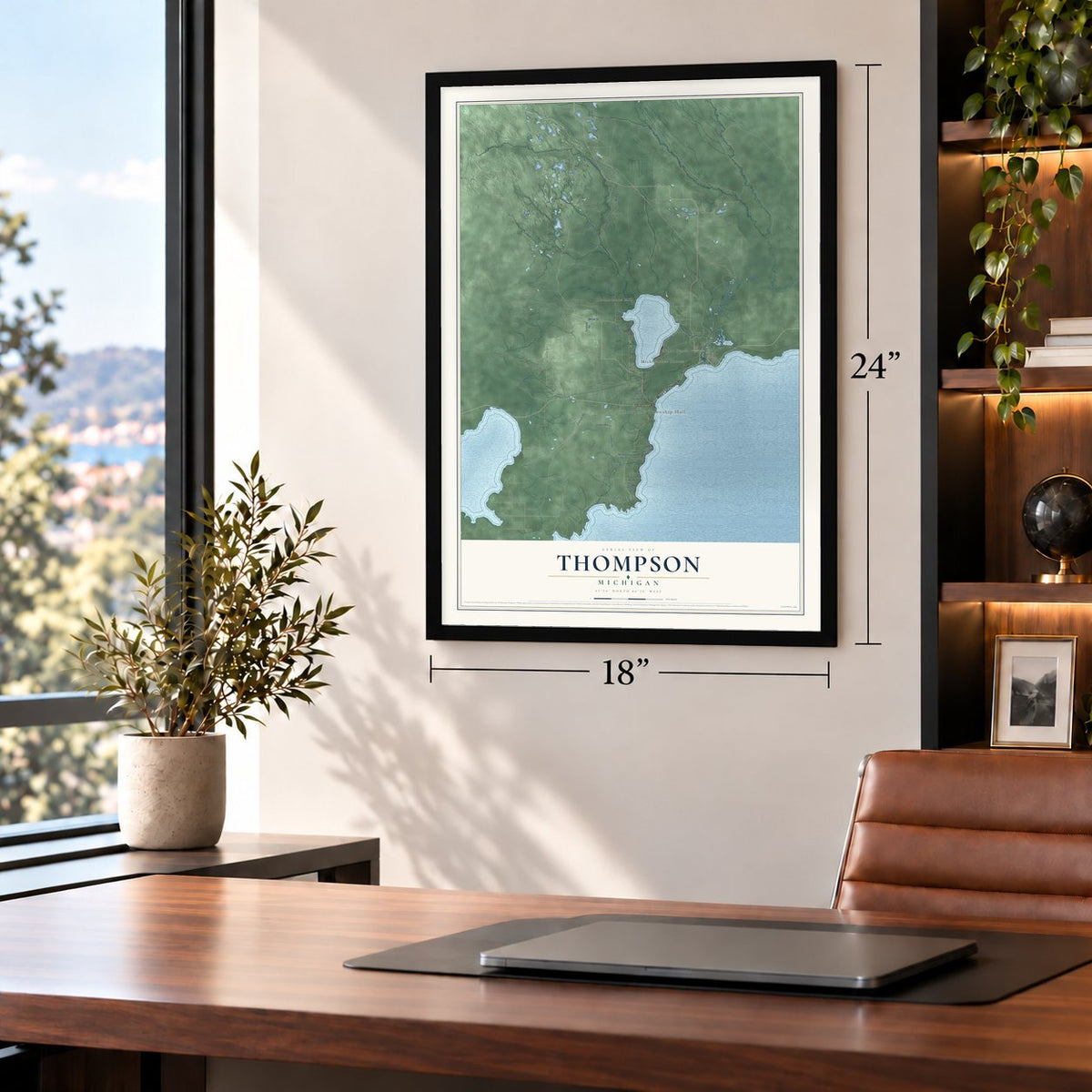 Thompson, Michigan map, 18 x 24 inch print in a black frame in a home office