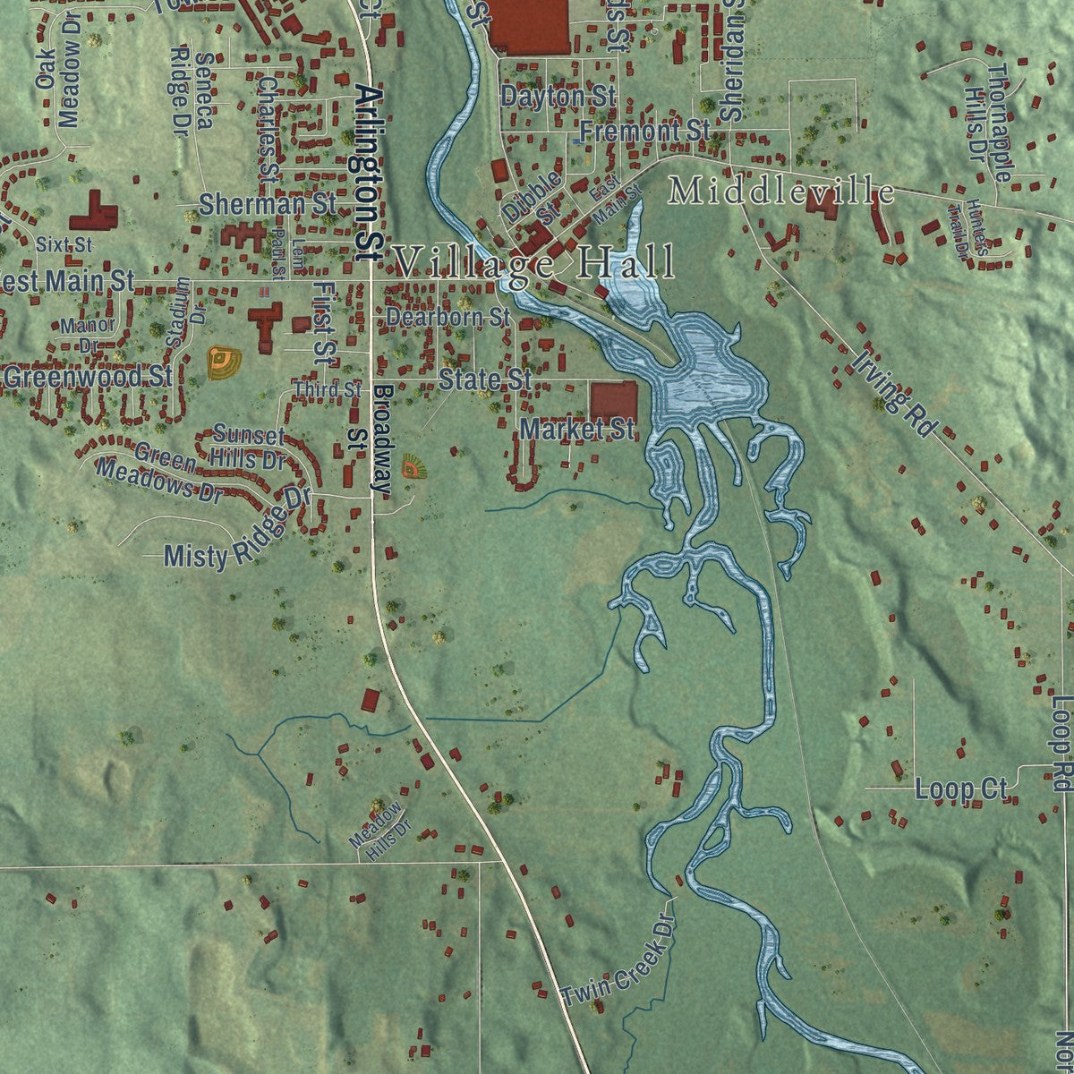 Close-up of the map of Thornapple, Michigan print showing street and building detail