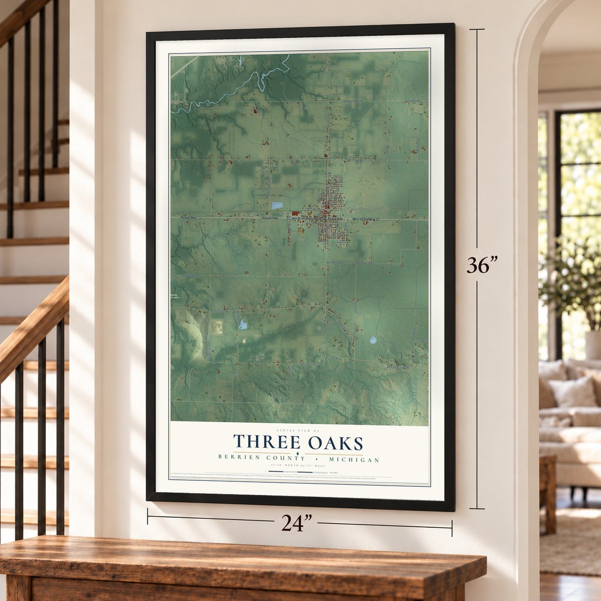 Three Oaks, Berrien County, Michigan map, 24 x 36 inch print in a black frame by a staircase