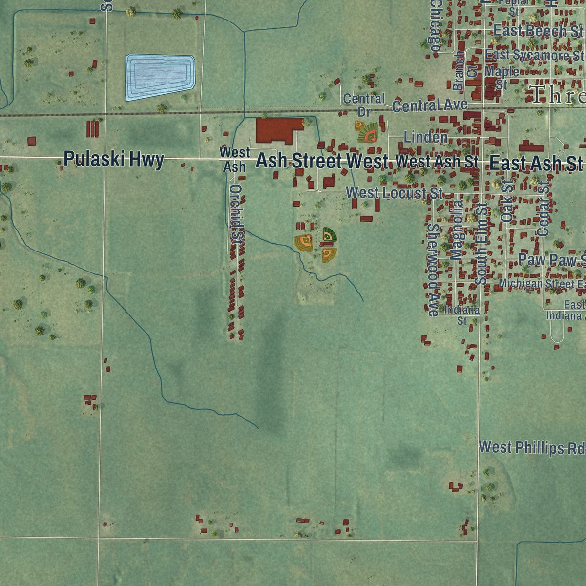 Close-up of the map of Three Oaks, Berrien County, Michigan print showing street and building detail