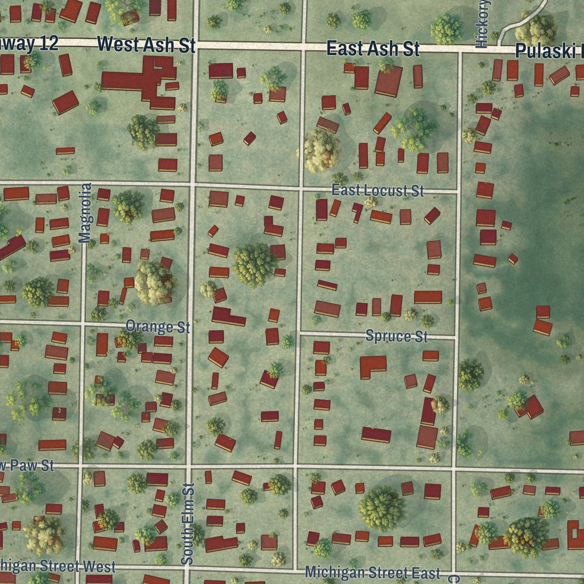 Close-up of the map of Three Oaks, Michigan print showing street and building detail