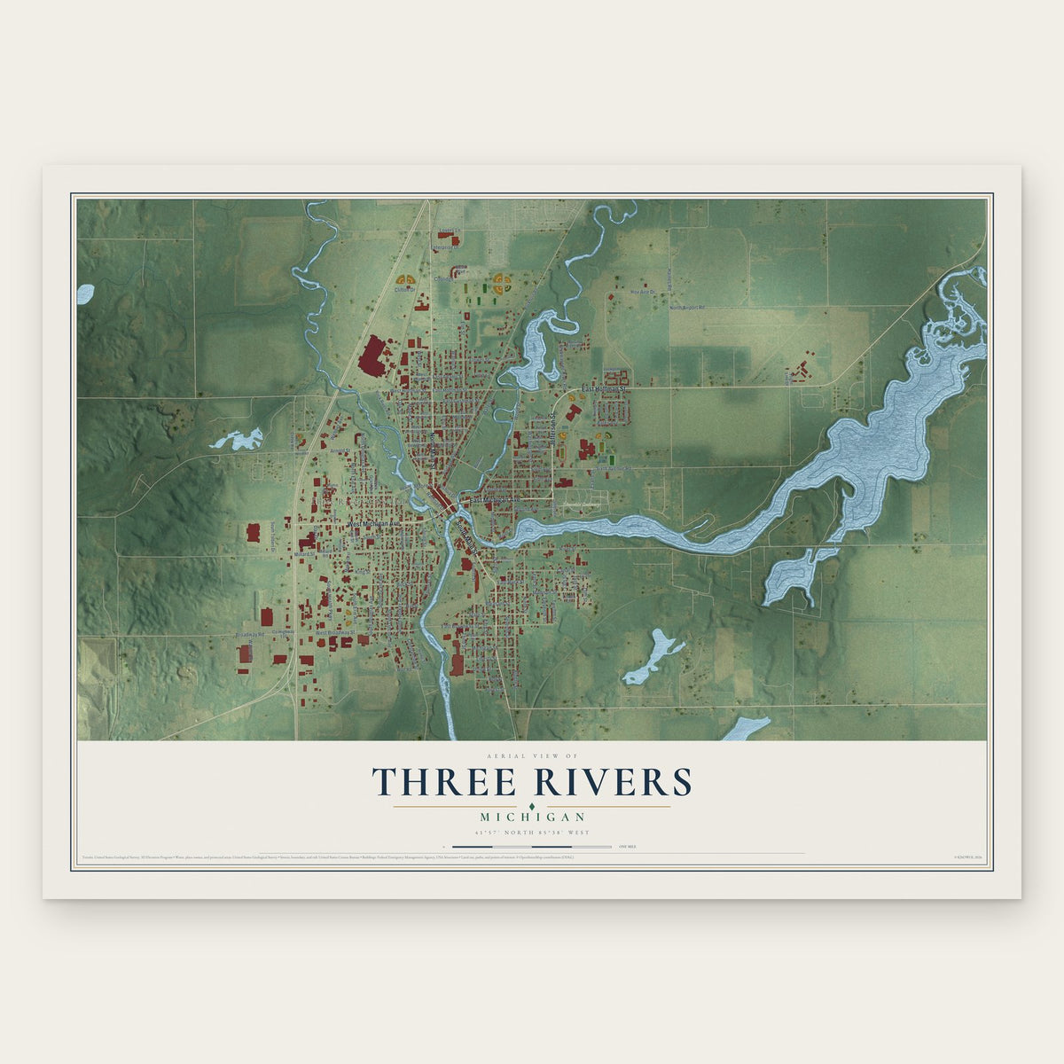 Three Rivers, Michigan map print, the full design