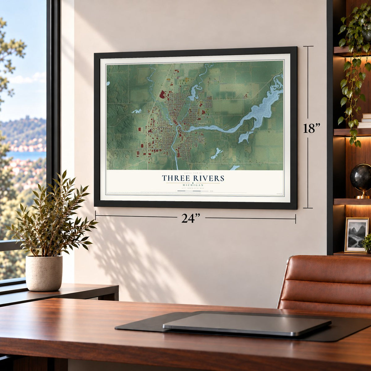 Three Rivers, Michigan map, 18 x 24 inch print in a black frame in a home office