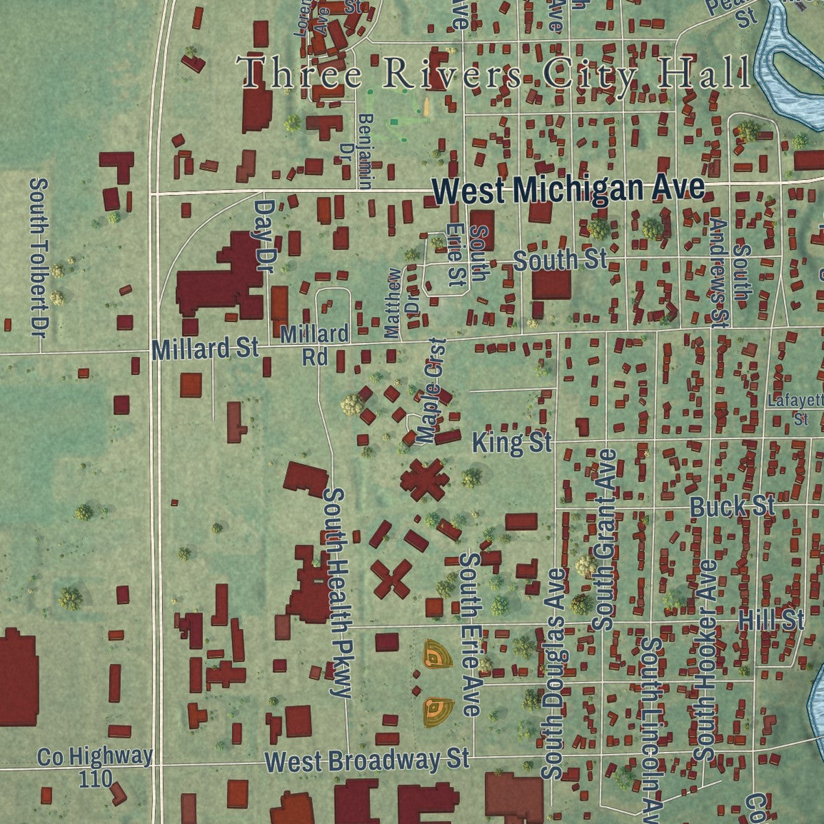 Close-up of the map of Three Rivers, Michigan print showing street and building detail