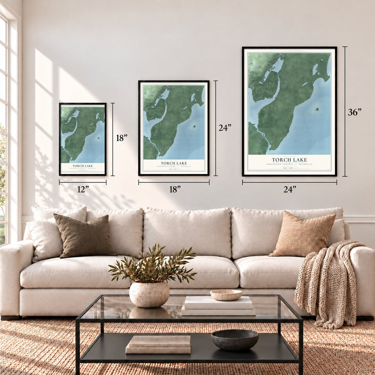 Torch Lake, Houghton County, Michigan map in 12 x 18, 18 x 24 and 24 x 36 inch sizes above a sofa