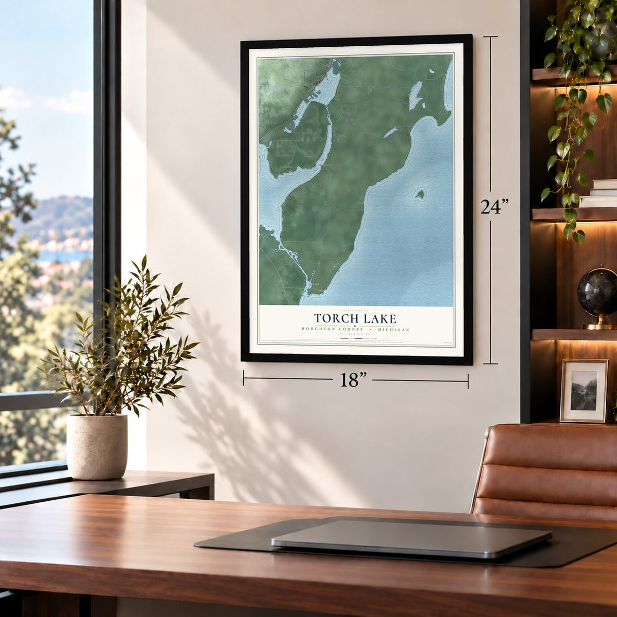 Torch Lake, Houghton County, Michigan map, 18 x 24 inch print in a black frame in a home office