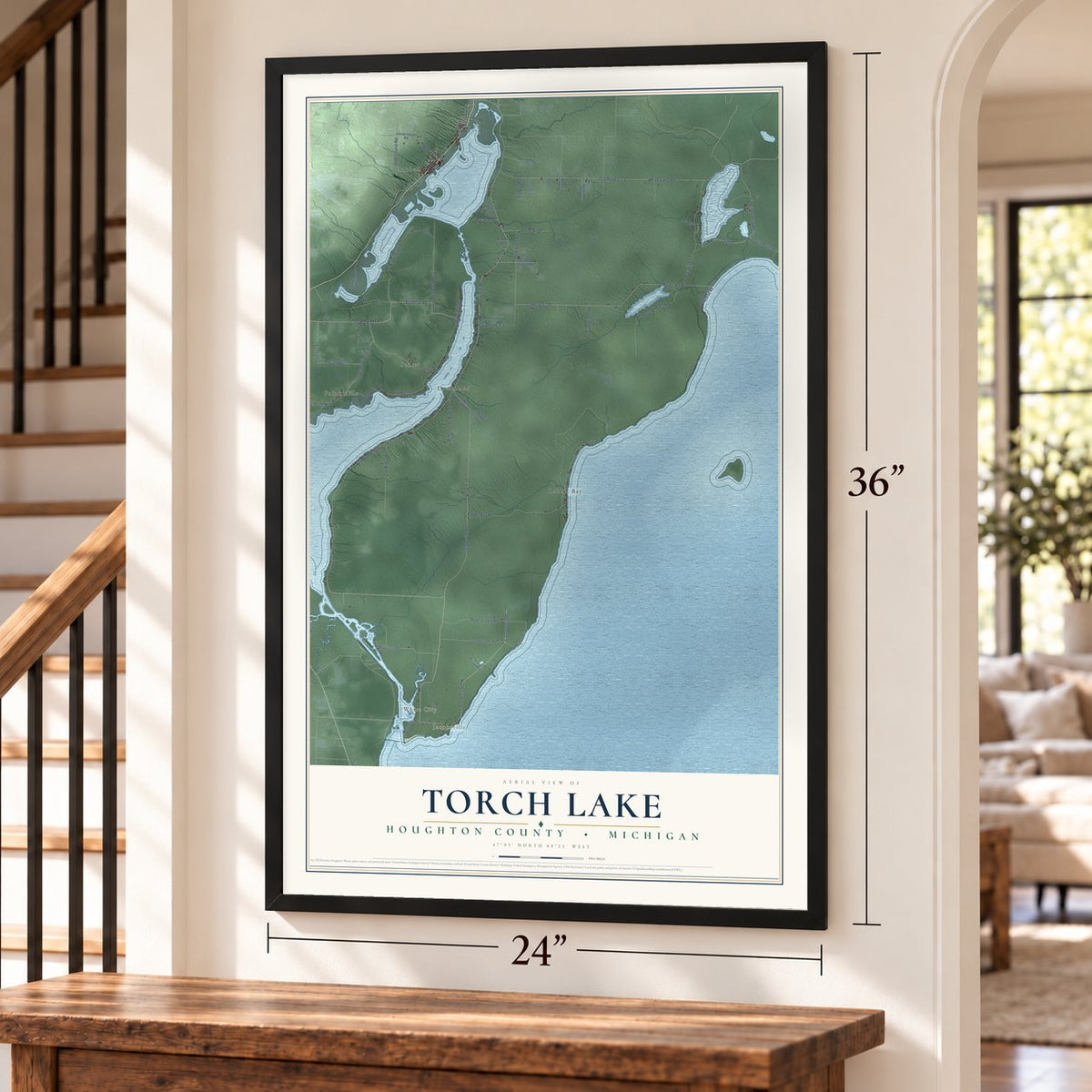 Torch Lake, Houghton County, Michigan map, 24 x 36 inch print in a black frame by a staircase